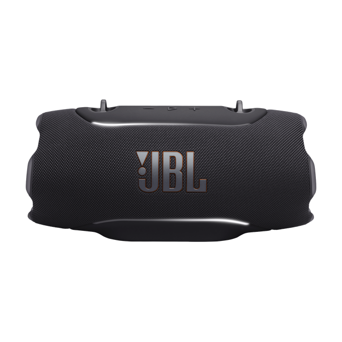 Altavoz portátil JBL negro con rejilla de tela y logo iluminado.
