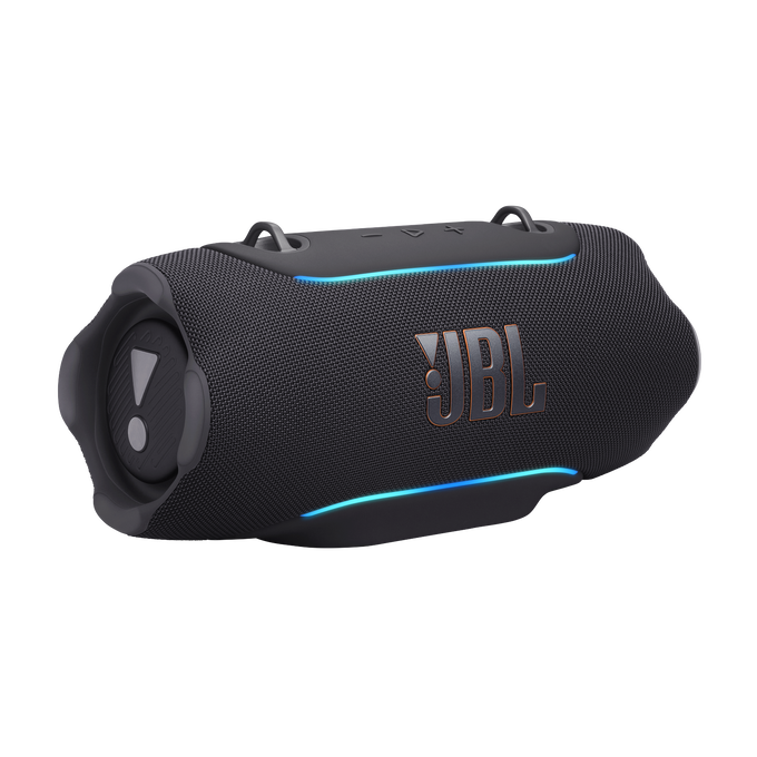 Un altavoz JBL negro con luces azules y el logo de JBL.
