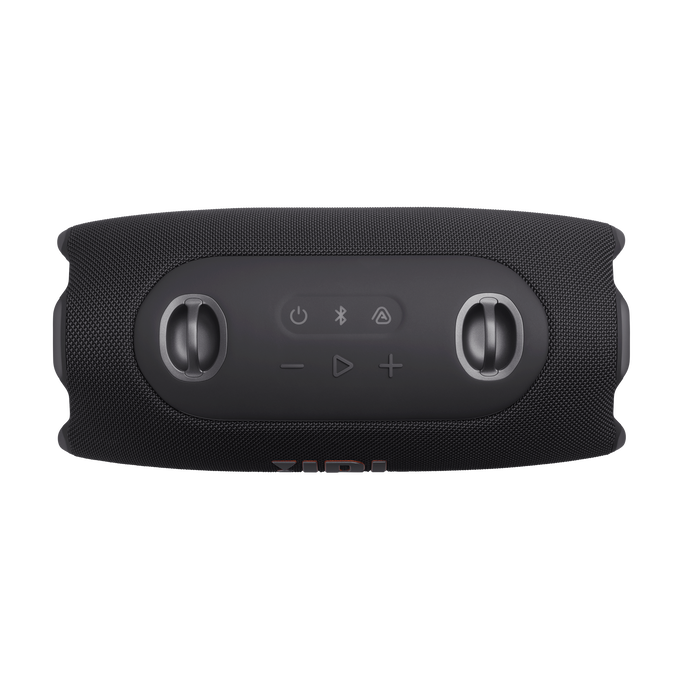 Altavoz Bluetooth JBL negro con botones de control y asas laterales.