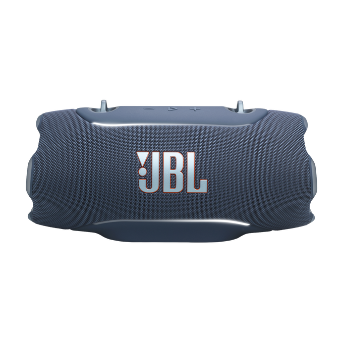 Altavoz JBL azul oscuro con rejilla de tela y botones plateados.