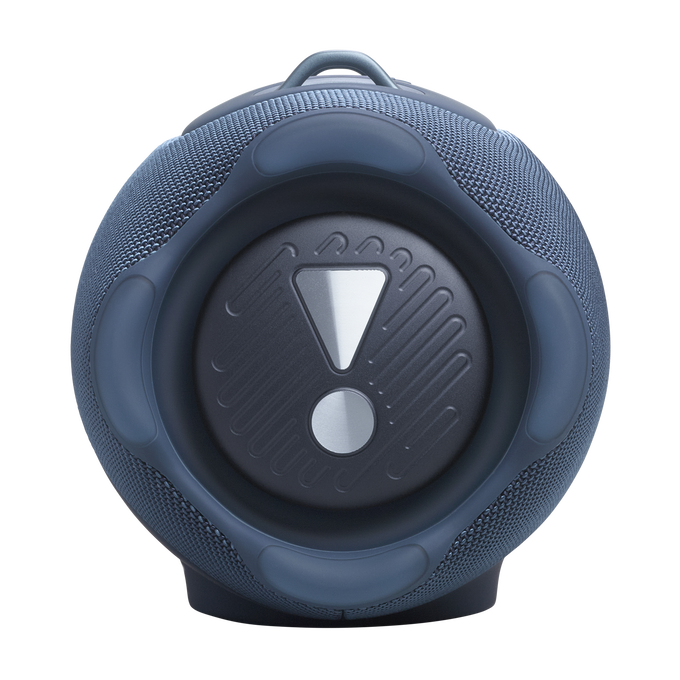 Un altavoz redondo, azul oscuro con un logo plateado en el centro.