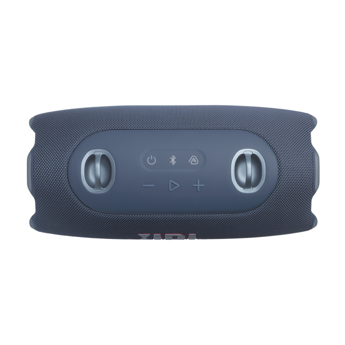 Altavoz JBL azul con botones de control y logo.