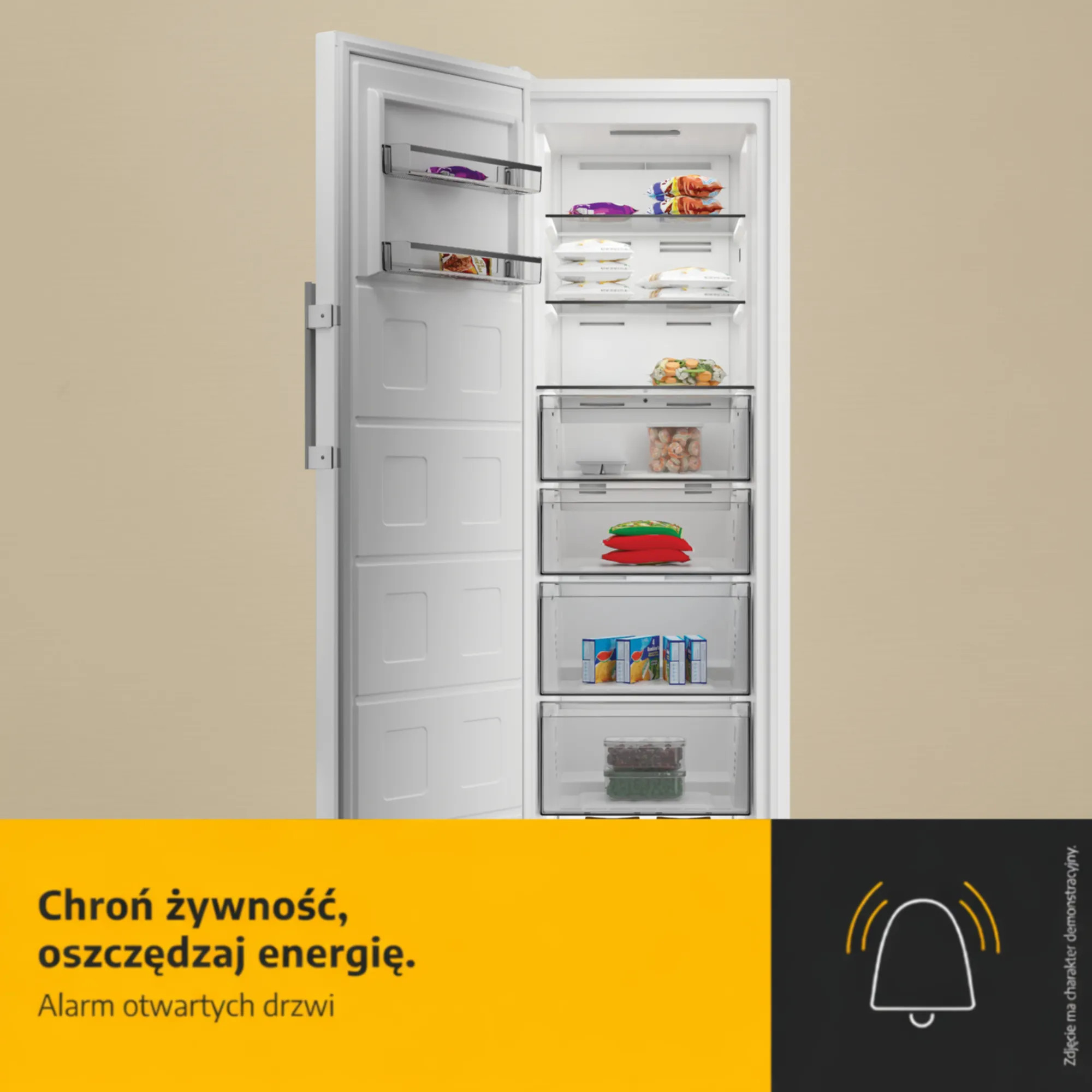 Otwarta zamrażarka wypełniona jedzeniem i symbol ostrzegawczy otwartych drzwi.