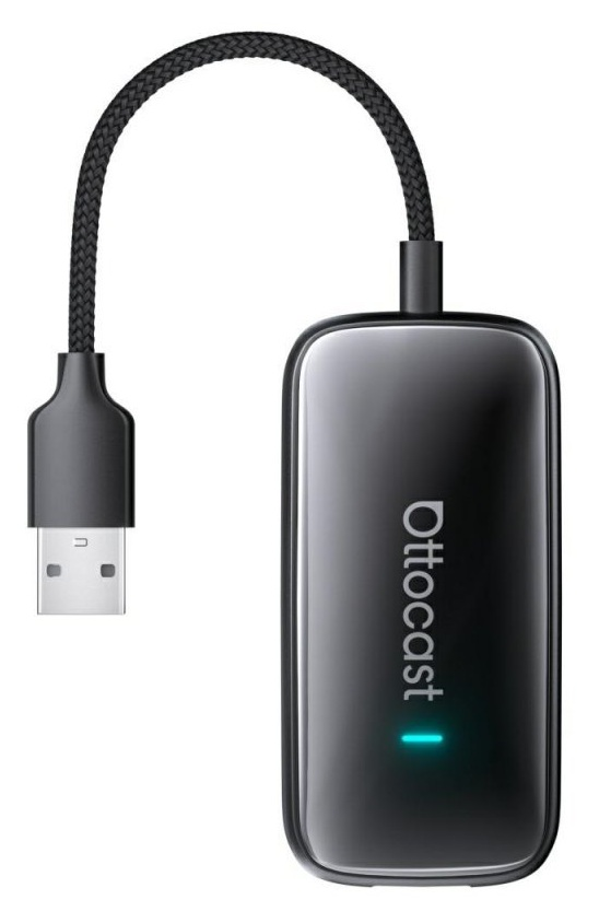 Czarny klucz sprzętowy Ottocast z plecionym kablem USB i niebieską diodą LED.