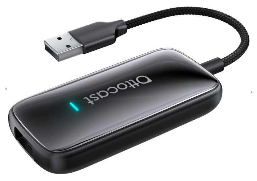 Czarny klucz sprzętowy Ottocast z kablem USB i niebieskim światłem.