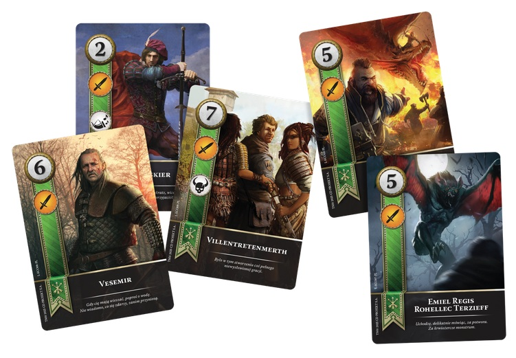 Karty do gry fantasy: mężczyzna z łukiem, krasnolud z smokiem, wampir, Vesemir i grupa.