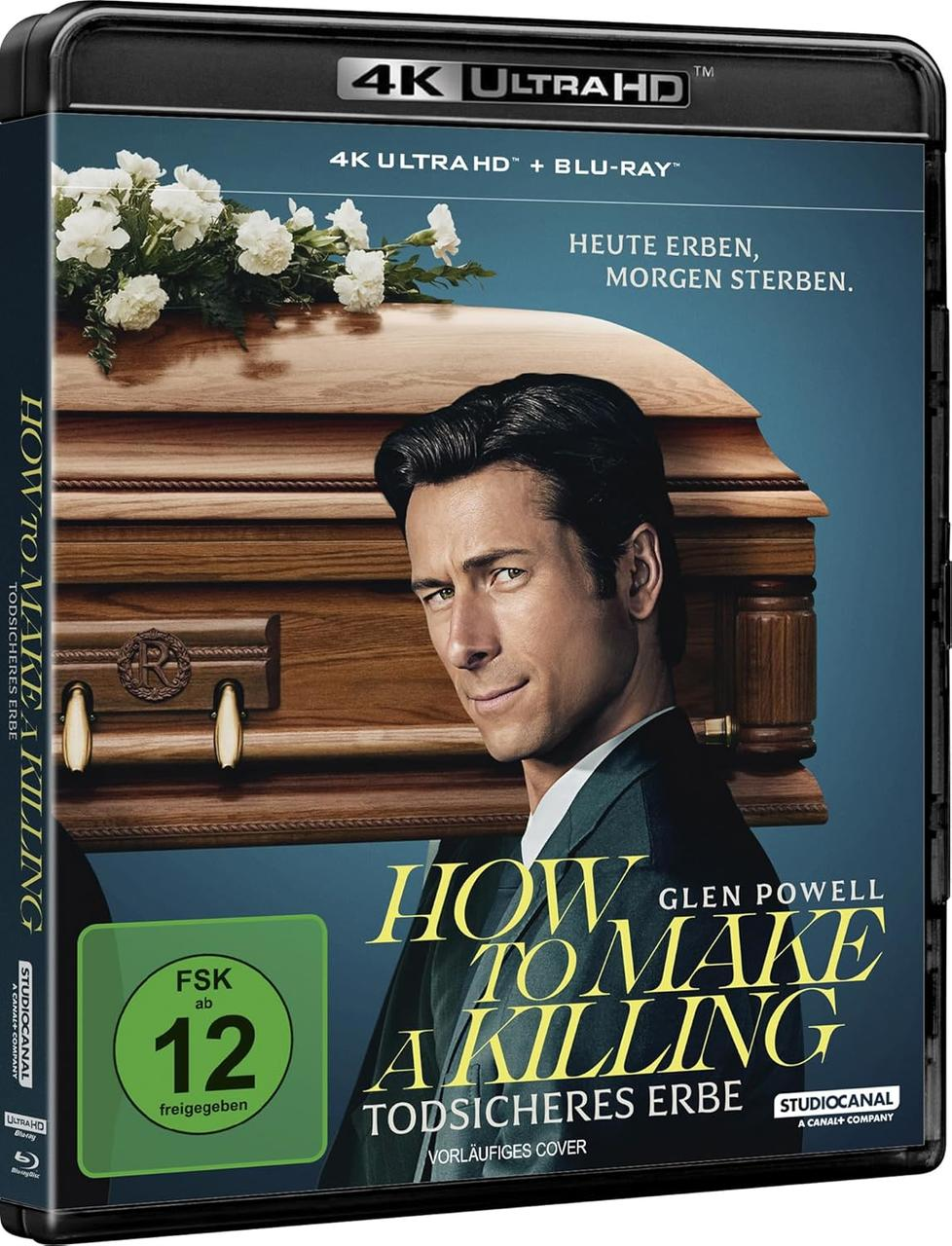 Ein Mann blickt über einen Sarg mit Blumen. Titel: How to Make a Killing.