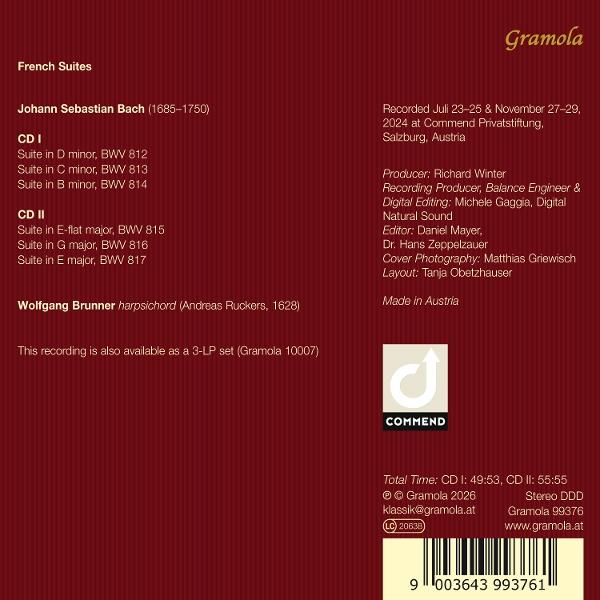 Albumcover mit Details zu Bachs Französischen Suiten, aufgeführt von Wolfgang Brunner.