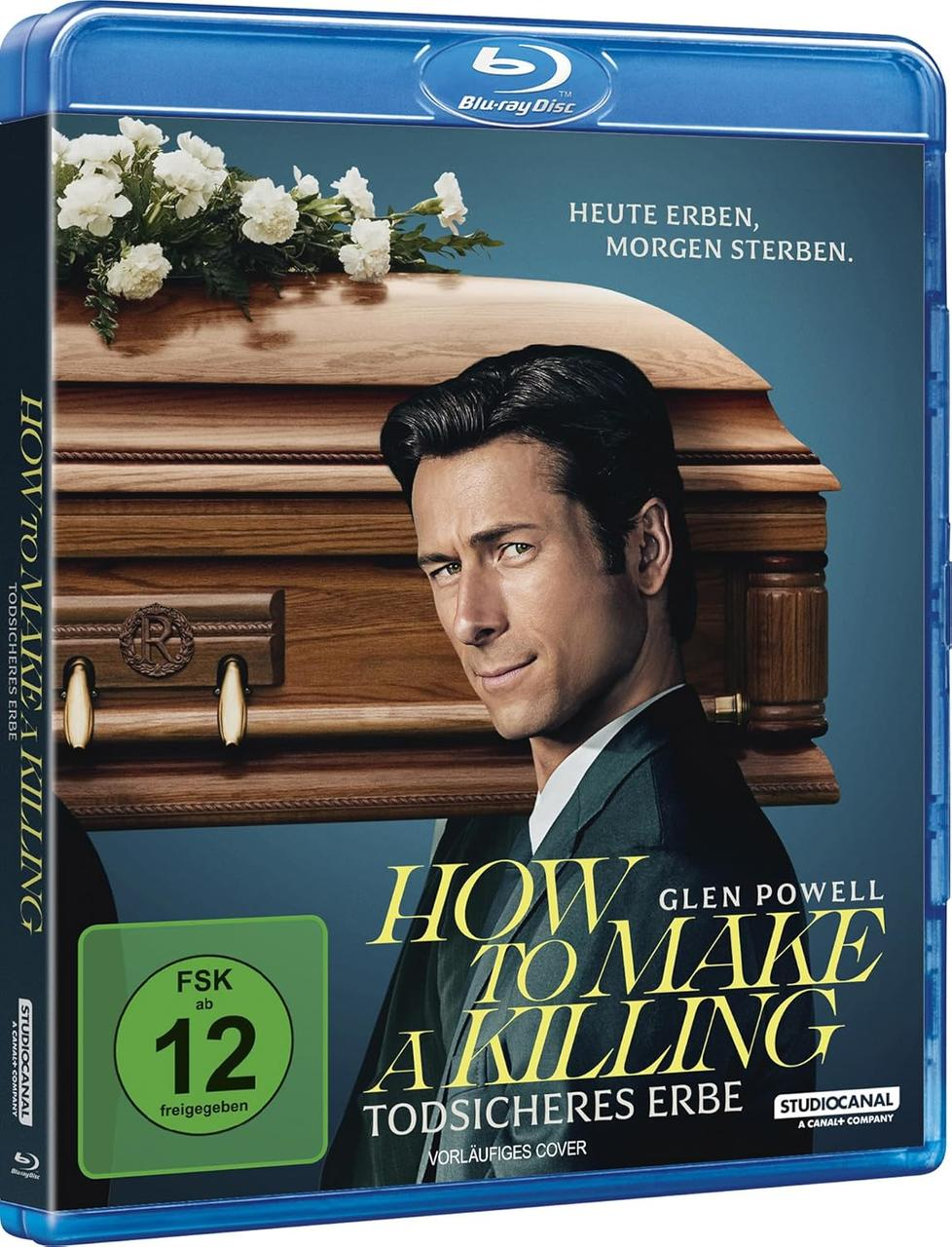 Mann vor Sarg mit Blumen, Filmplakat 'How to Make a Killing'.