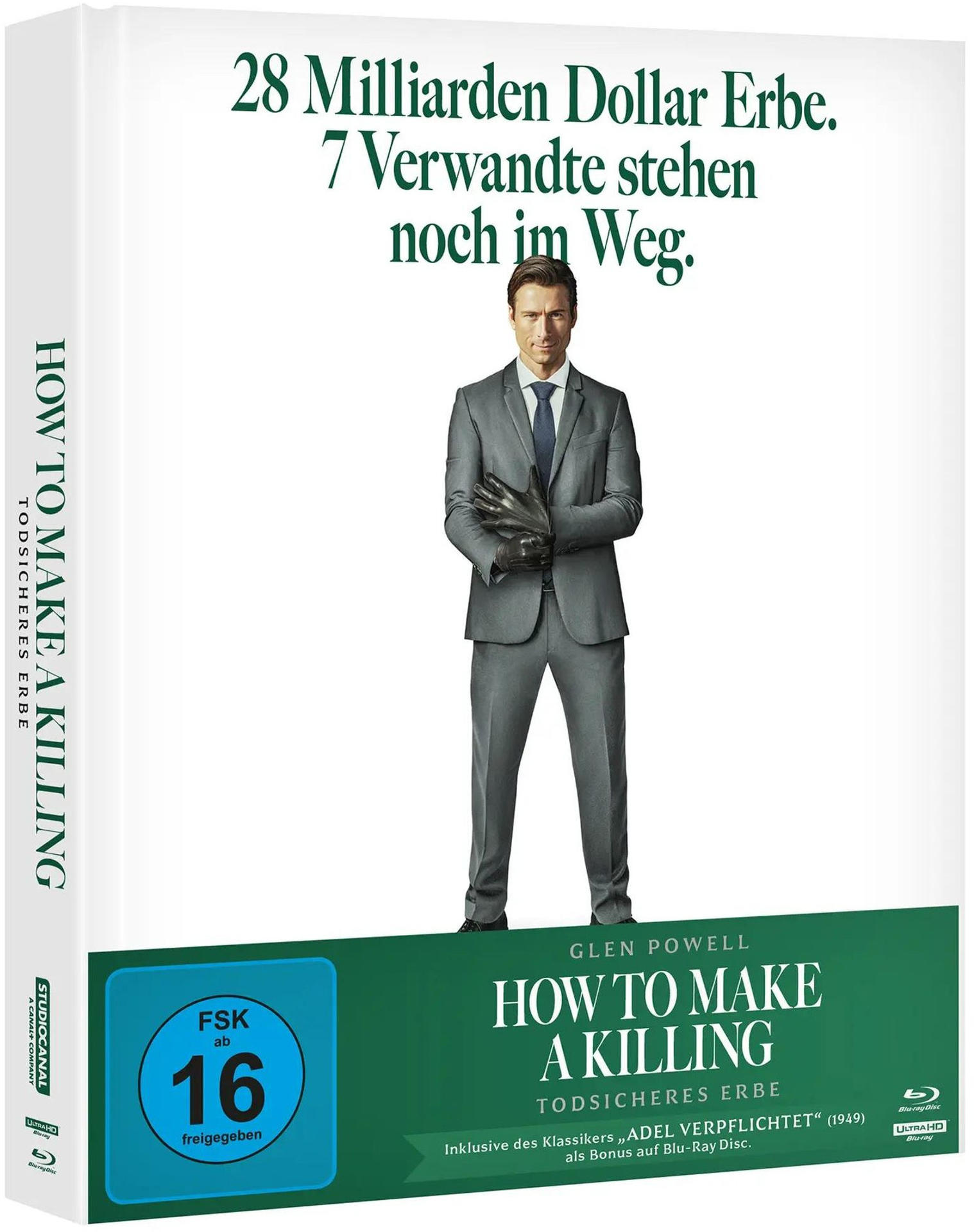 Mann im Anzug mit Handschuhen vor Filmcover. FSK 16.