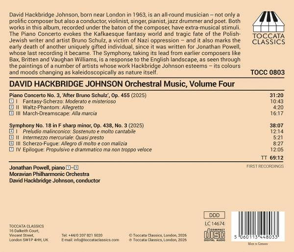 CD-Rückseite: Werke von David Hackbridge Johnson, mit Trackliste und Toccata Classics Logo.