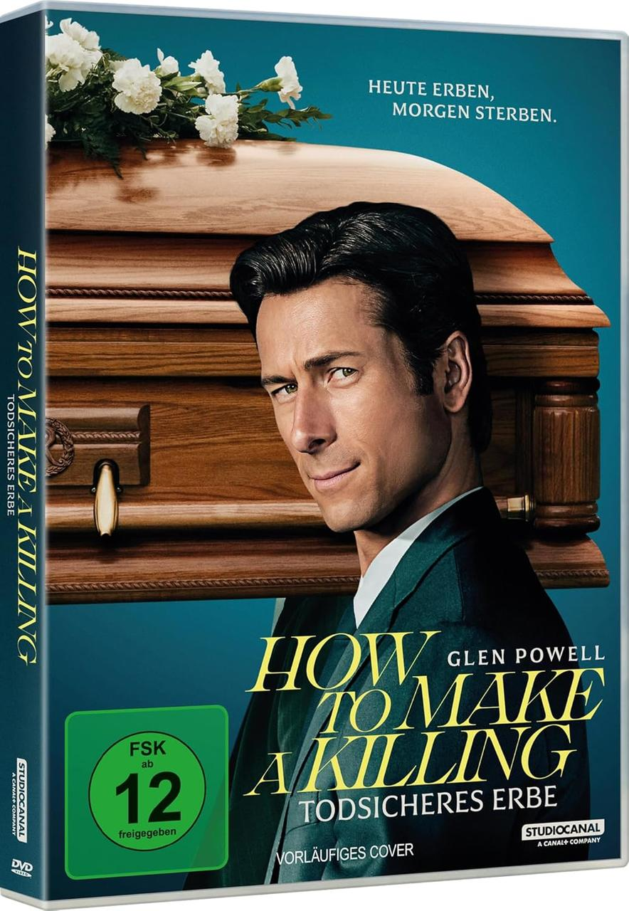 Mann vor einem Sarg mit Blumen. Titel: How to Make a Killing.