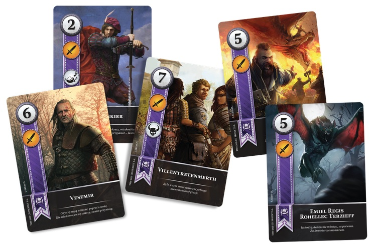 Pięć kart do gry z postaciami fantasy, w tym mężczyzna z mieczem i potwór.