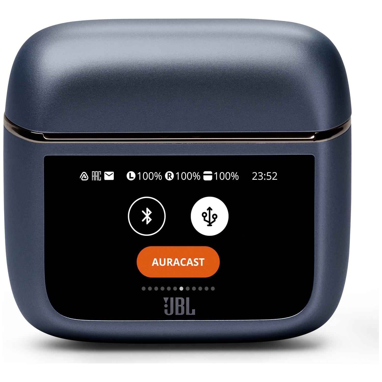 JBL Auracast charging case with Bluetooth and USB icons, 100% battery.