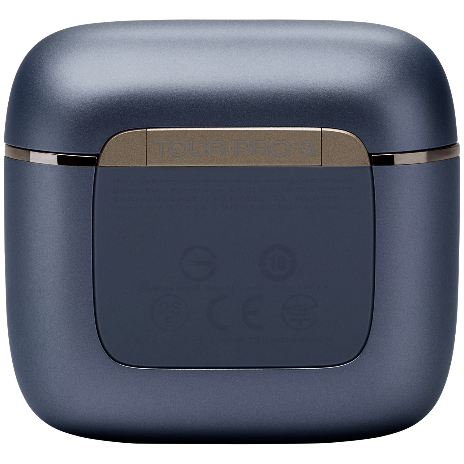 Dark blue headphone charging case with gold "TOUR PRO 3" lettering.