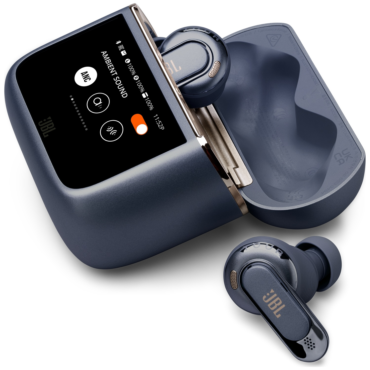 Dark blue JBL earbuds with charging case. One earbud is next to the case.