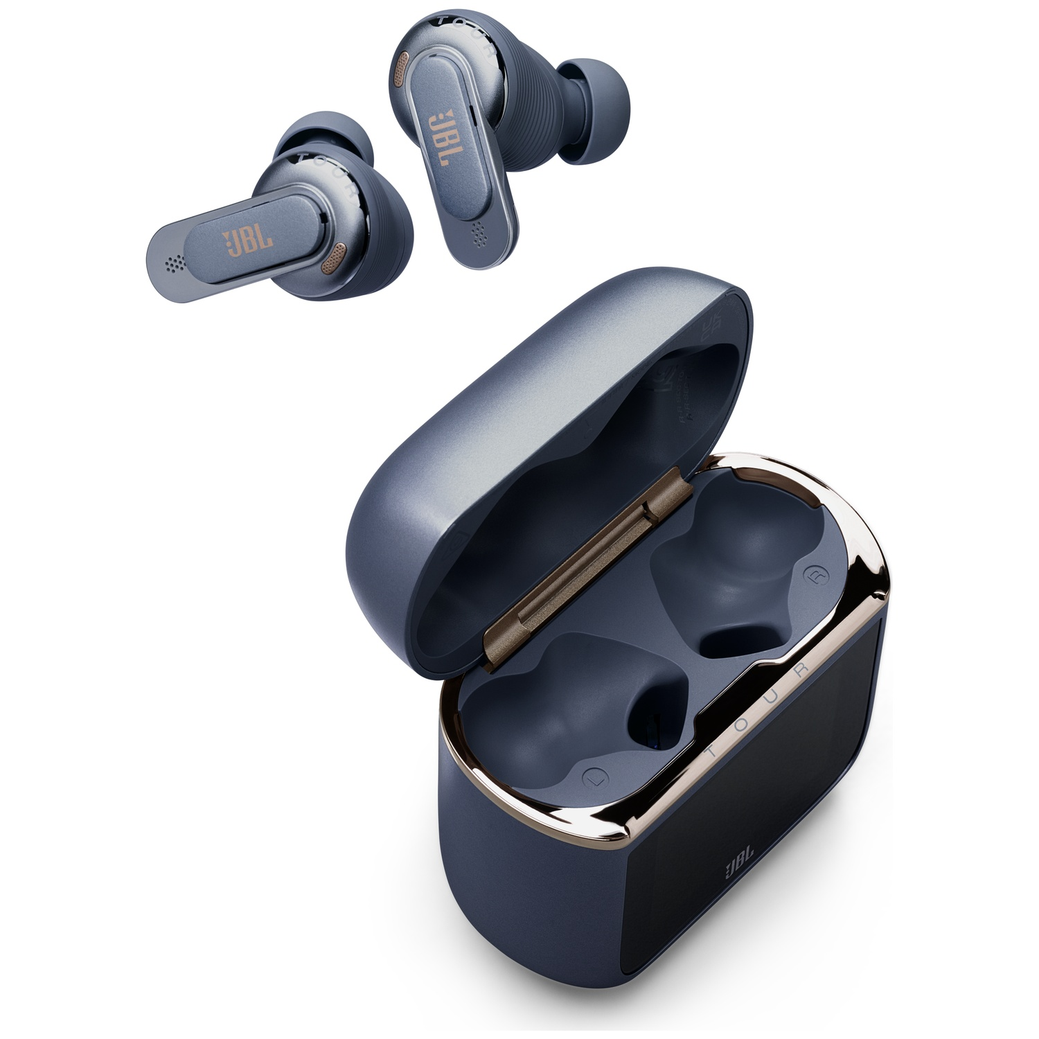 Three blue JBL wireless earbuds and an open charging case with gold accents.