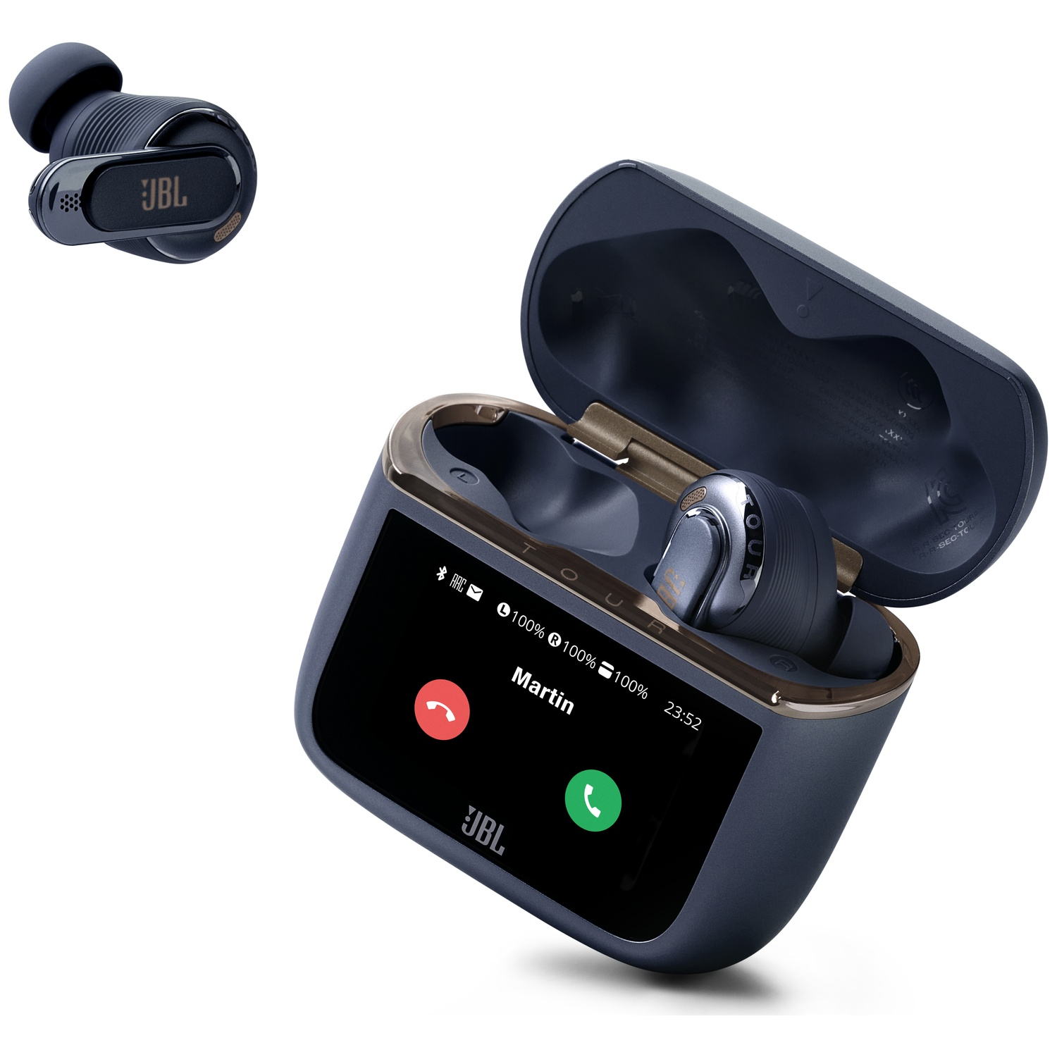 JBL earbuds in a dark blue charging case with a touchscreen display.