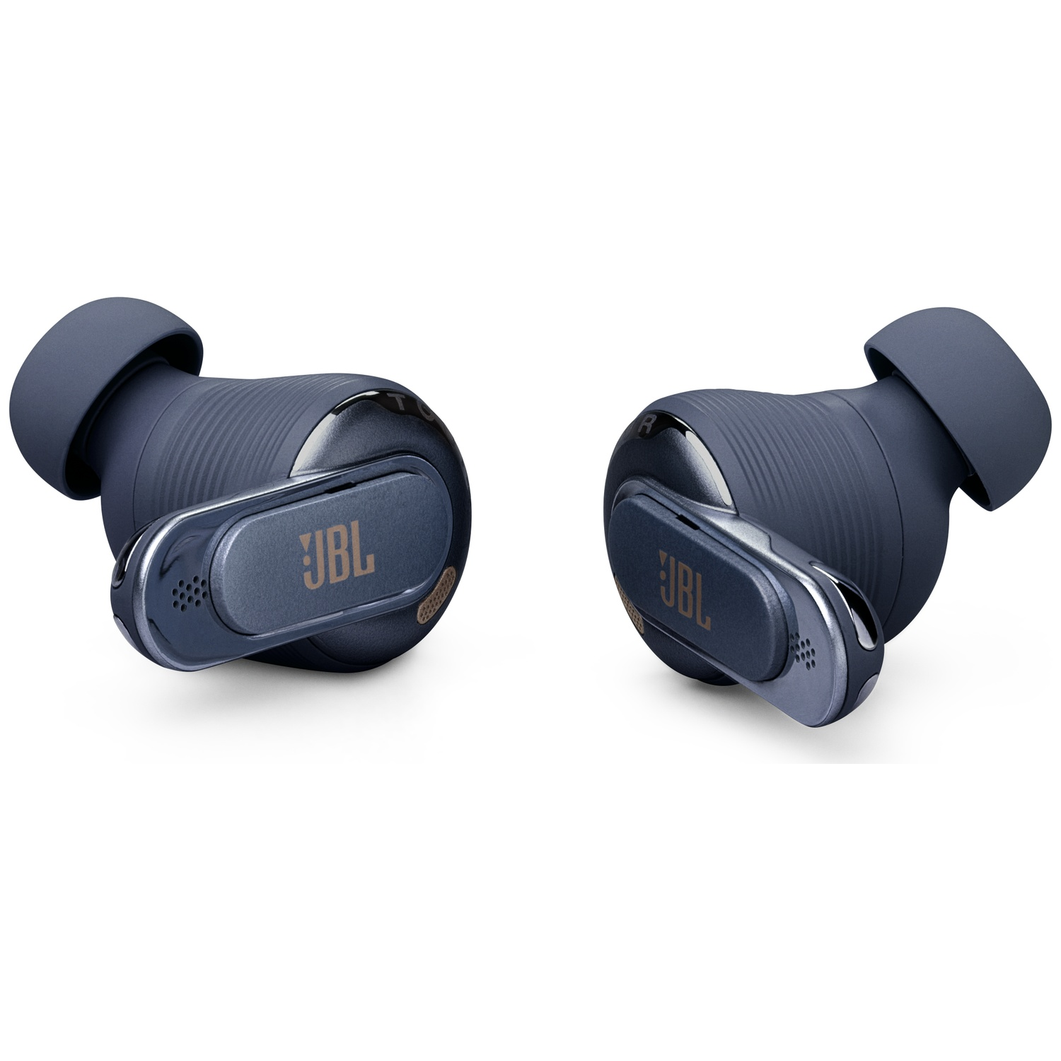 Two dark blue JBL earbuds with gold logo, displayed on a white background.