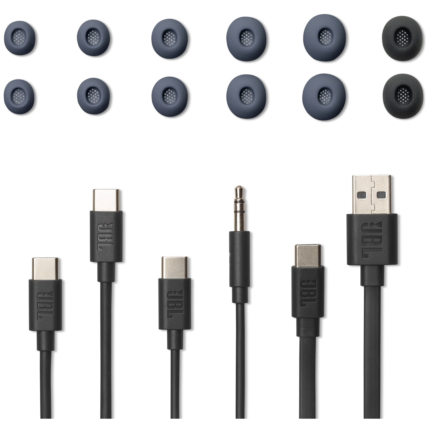 Ear tips and JBL cables with USB-C, jack, and USB-A connectors.