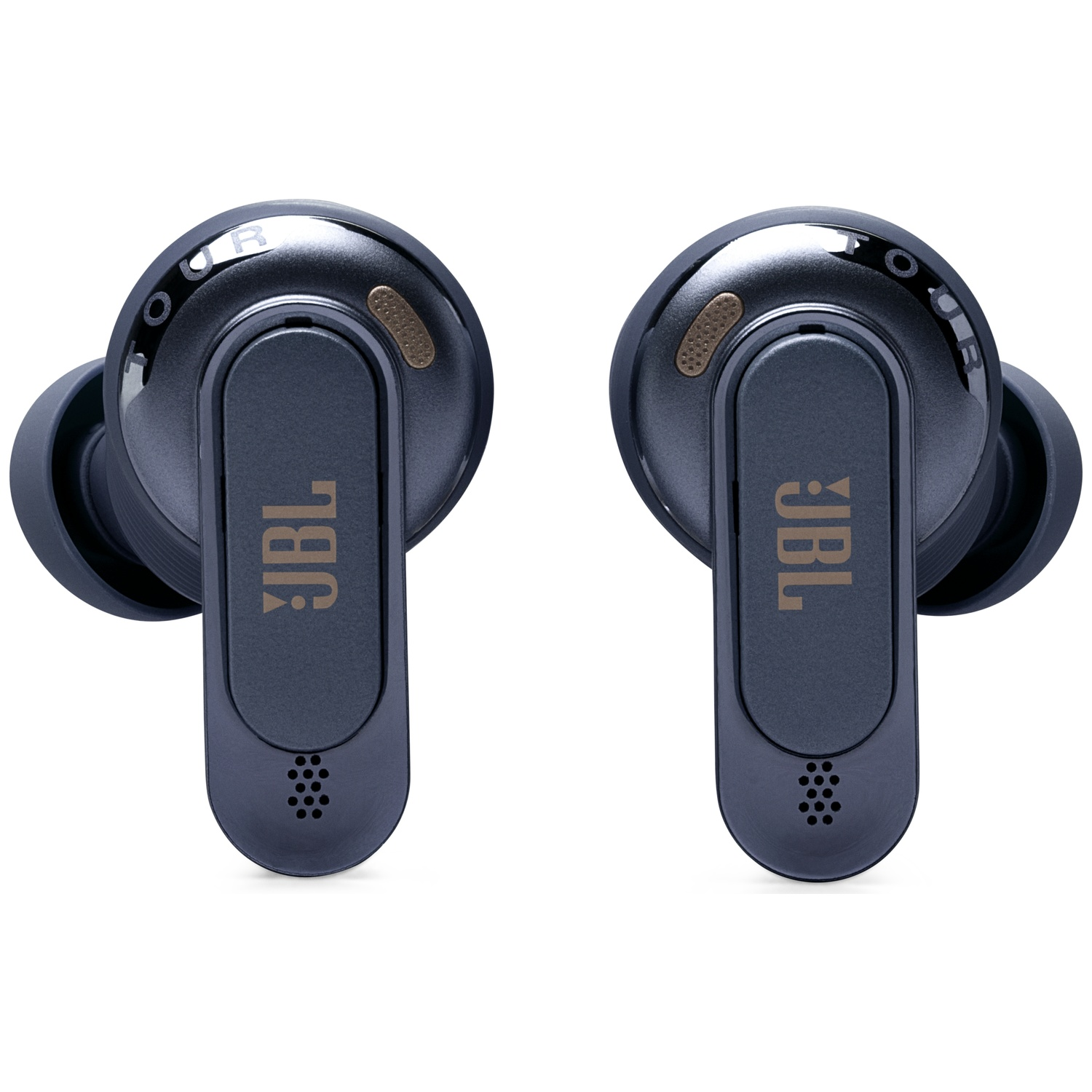 Two dark blue JBL earbuds with gold accents and ventilation holes.