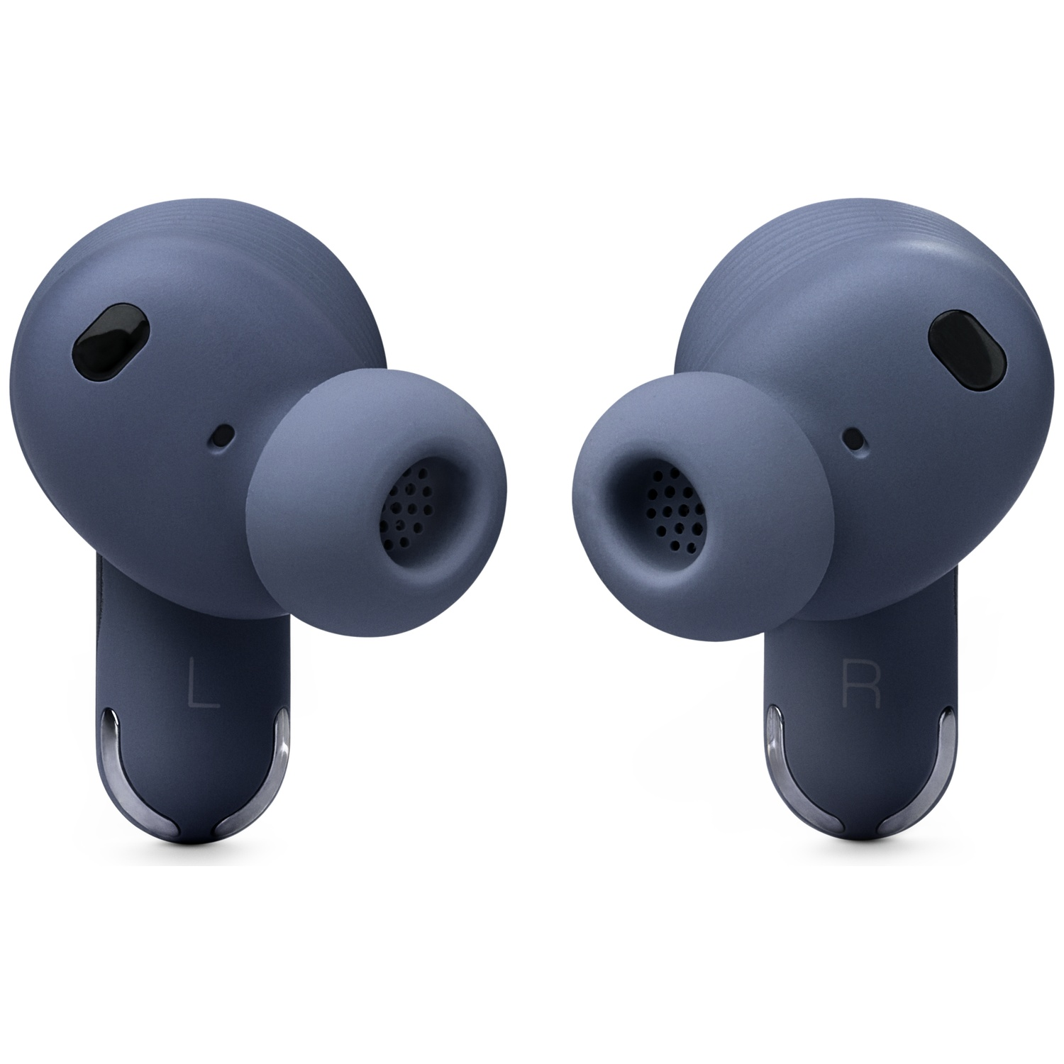 A pair of blue wireless earbuds with black details and L/R markings.