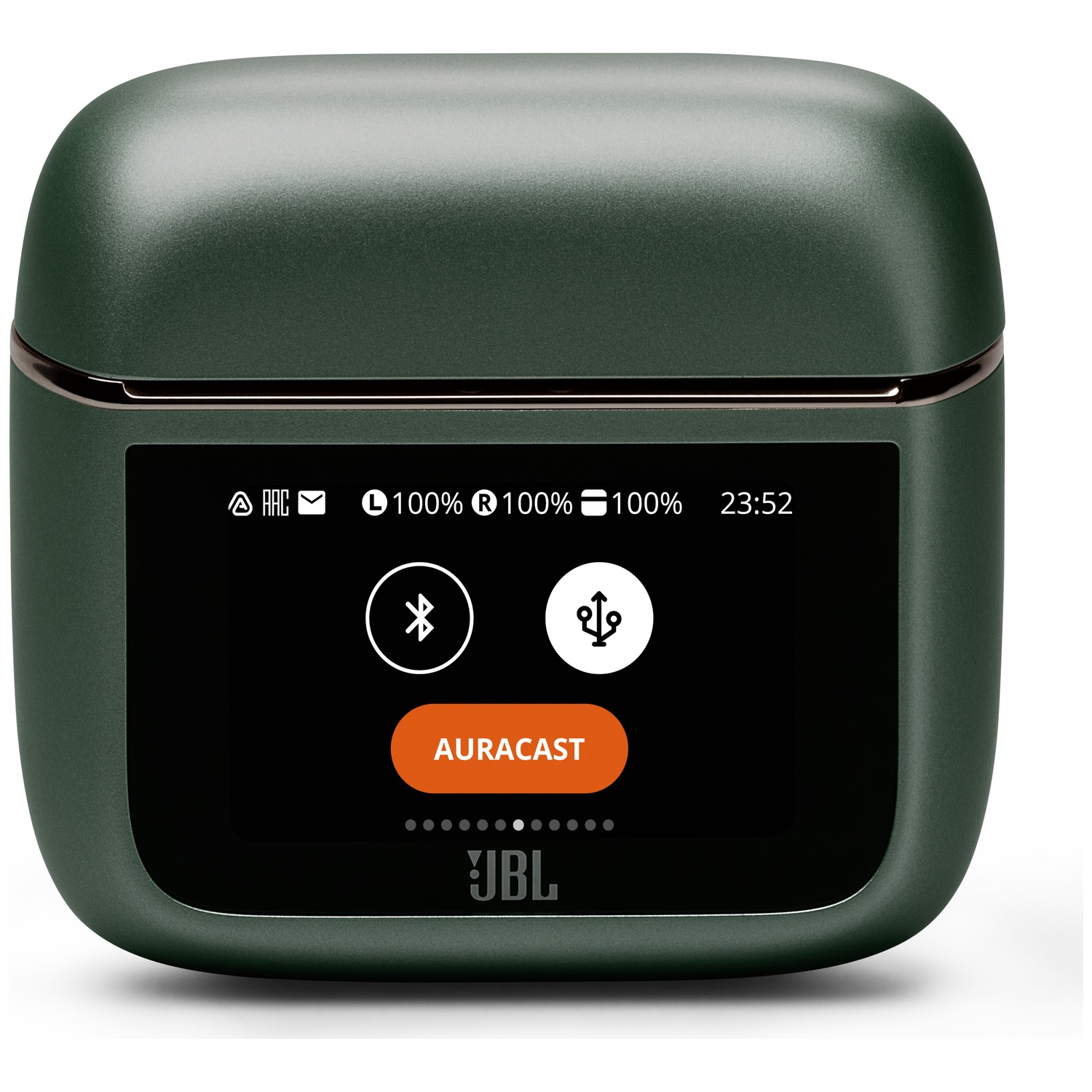 Dark green JBL case with screen showing Bluetooth, USB, Auracast, battery levels.