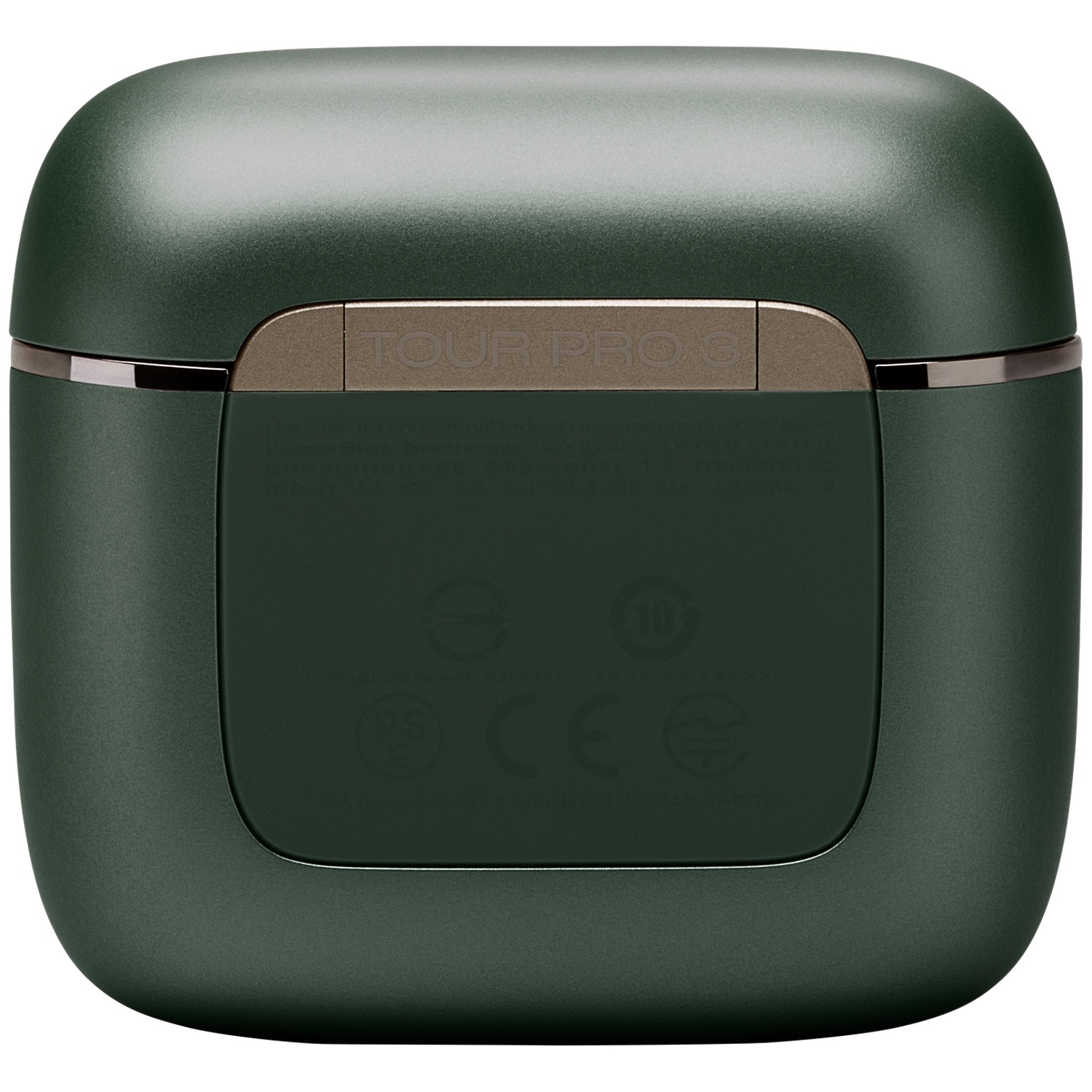 Dark green charging case with "TOUR PRO 3" text and CE marking.