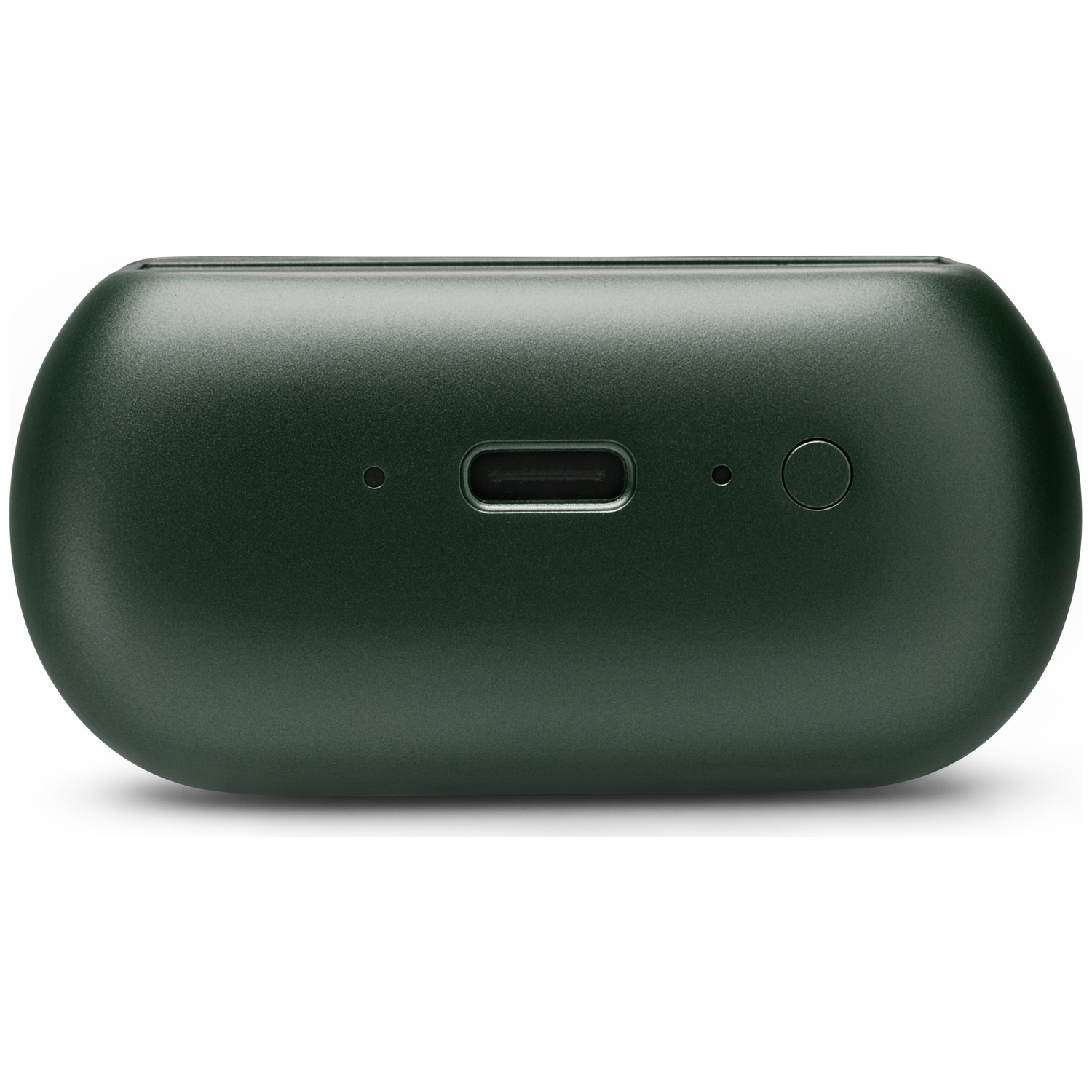 A dark green headphone charging case with USB-C port and indicator lights.