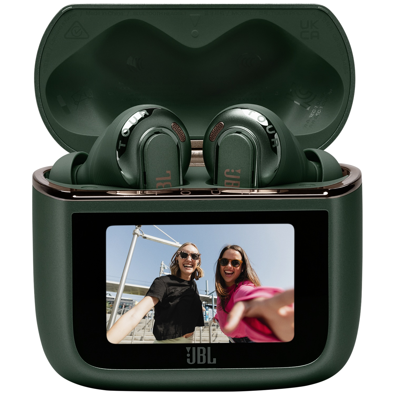 Green earbuds in a case displaying two women, one taking a selfie.