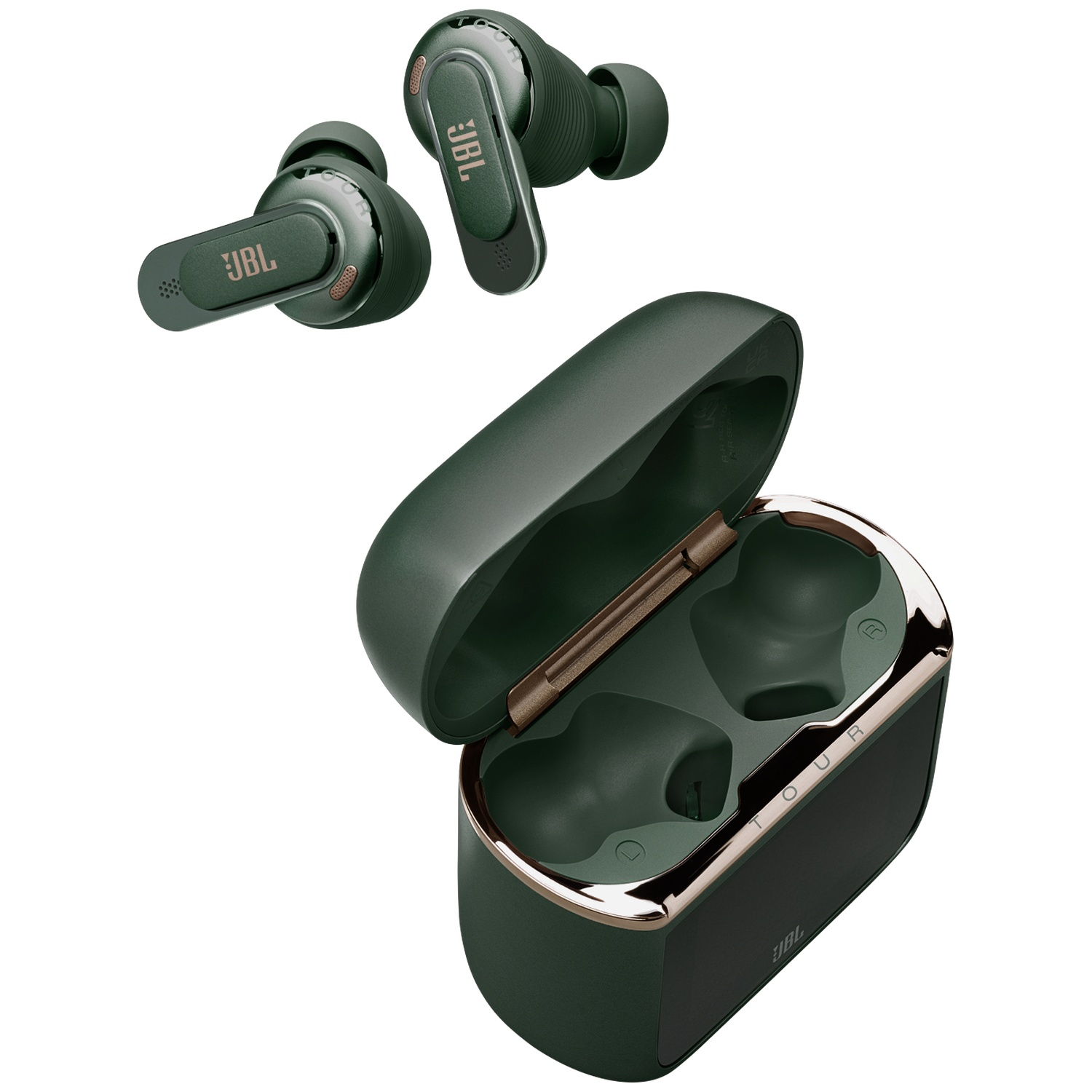 Three green JBL earbuds and an open charging case with gold accents.