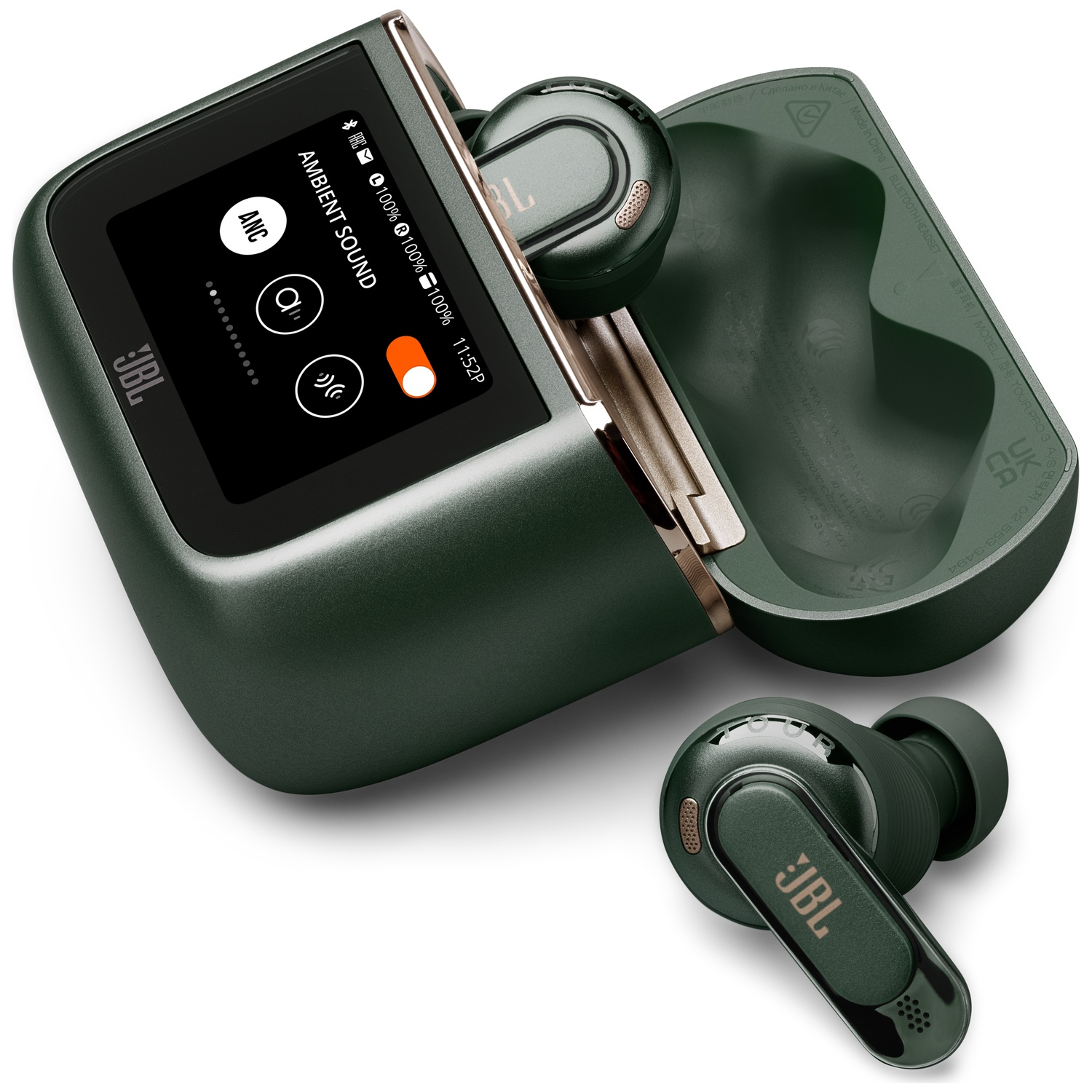 A green JBL headset with charging case and two earbuds. One is in the case, the other next to it.
