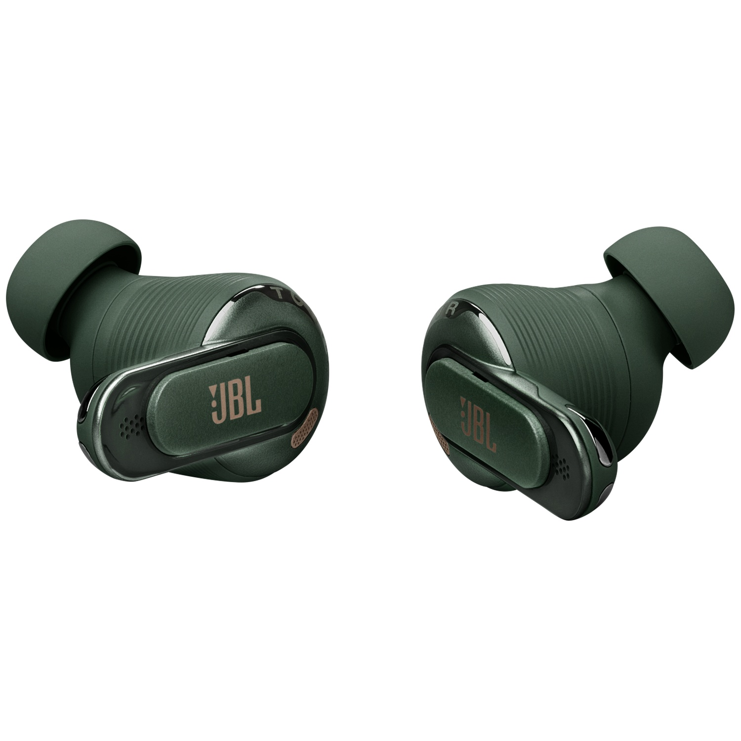 Two green JBL earbuds with ribbed texture and silver accents.