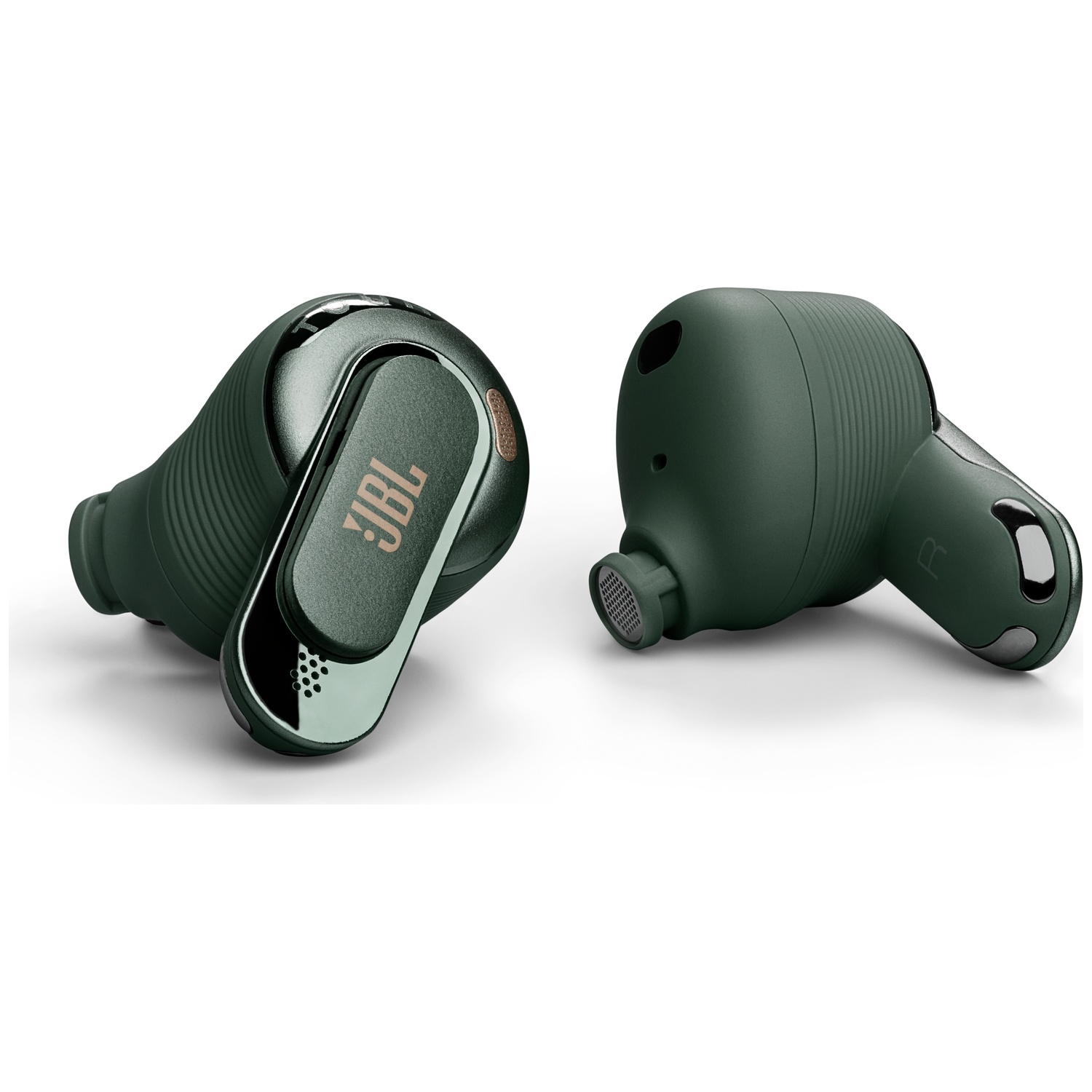 Two green JBL wireless earbuds with metallic accents are displayed on a white background.