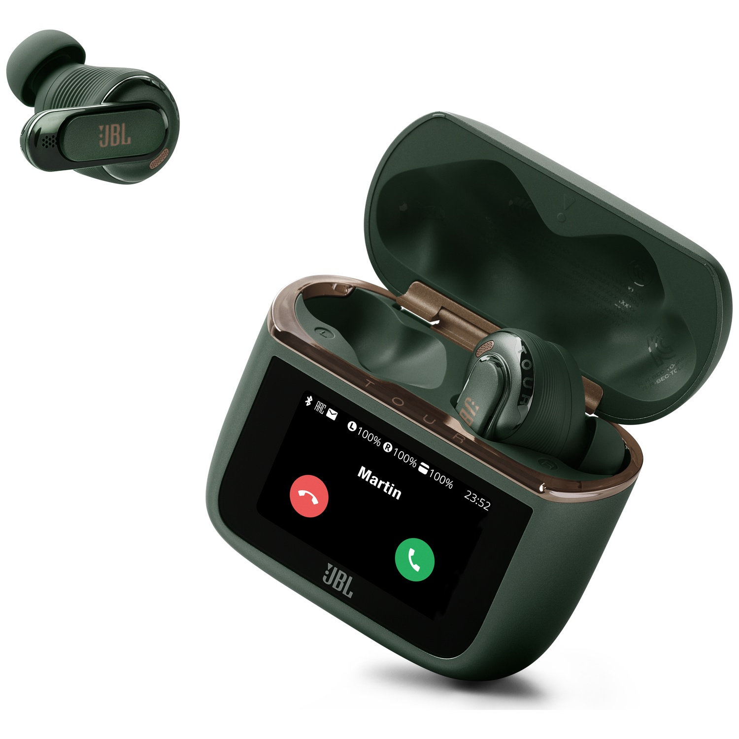 Green JBL earbuds in and out of a case showing a touchscreen display.