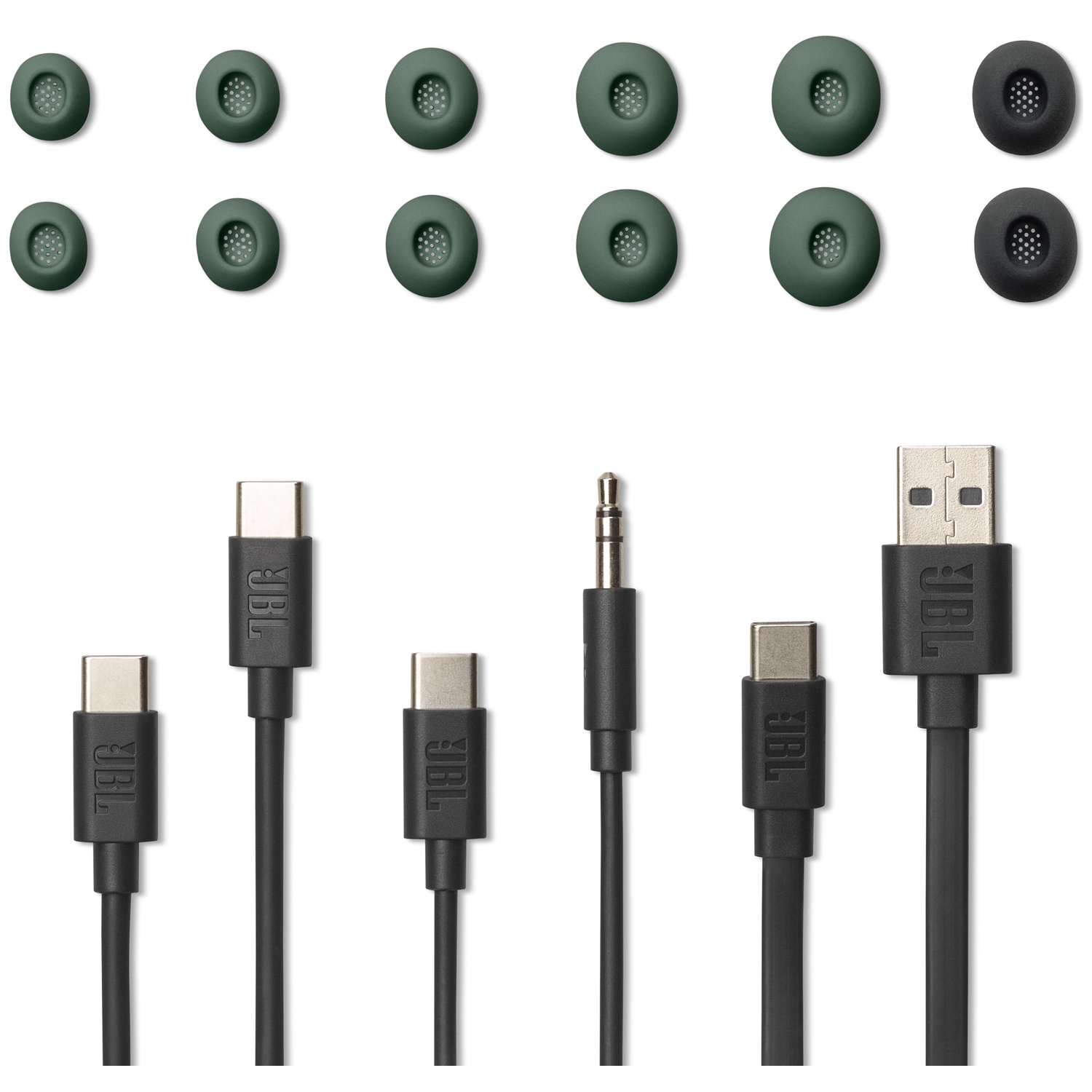 Green and black ear tips and black cables with USB-C, jack, and USB-A connectors.