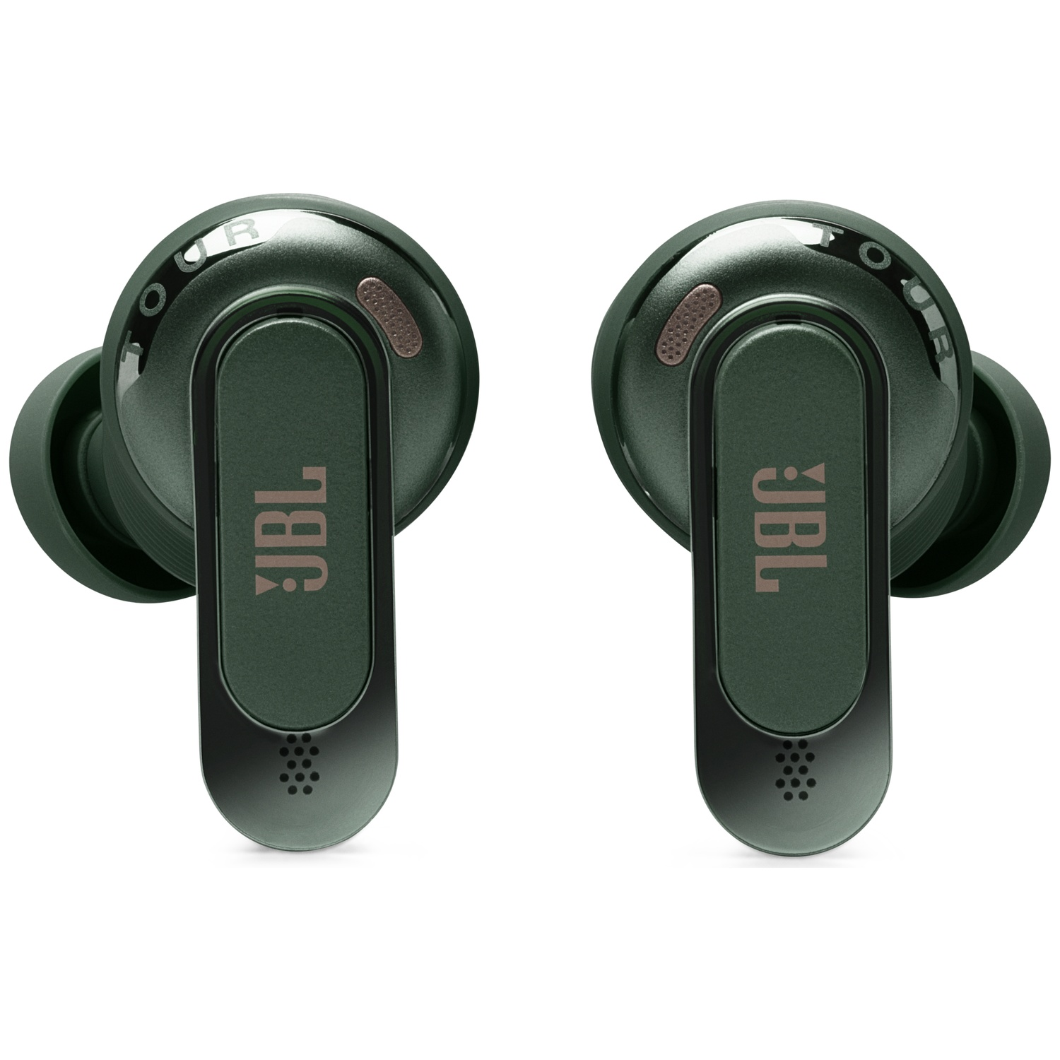 Two green JBL earbuds with 'Tour' text, on a white background.