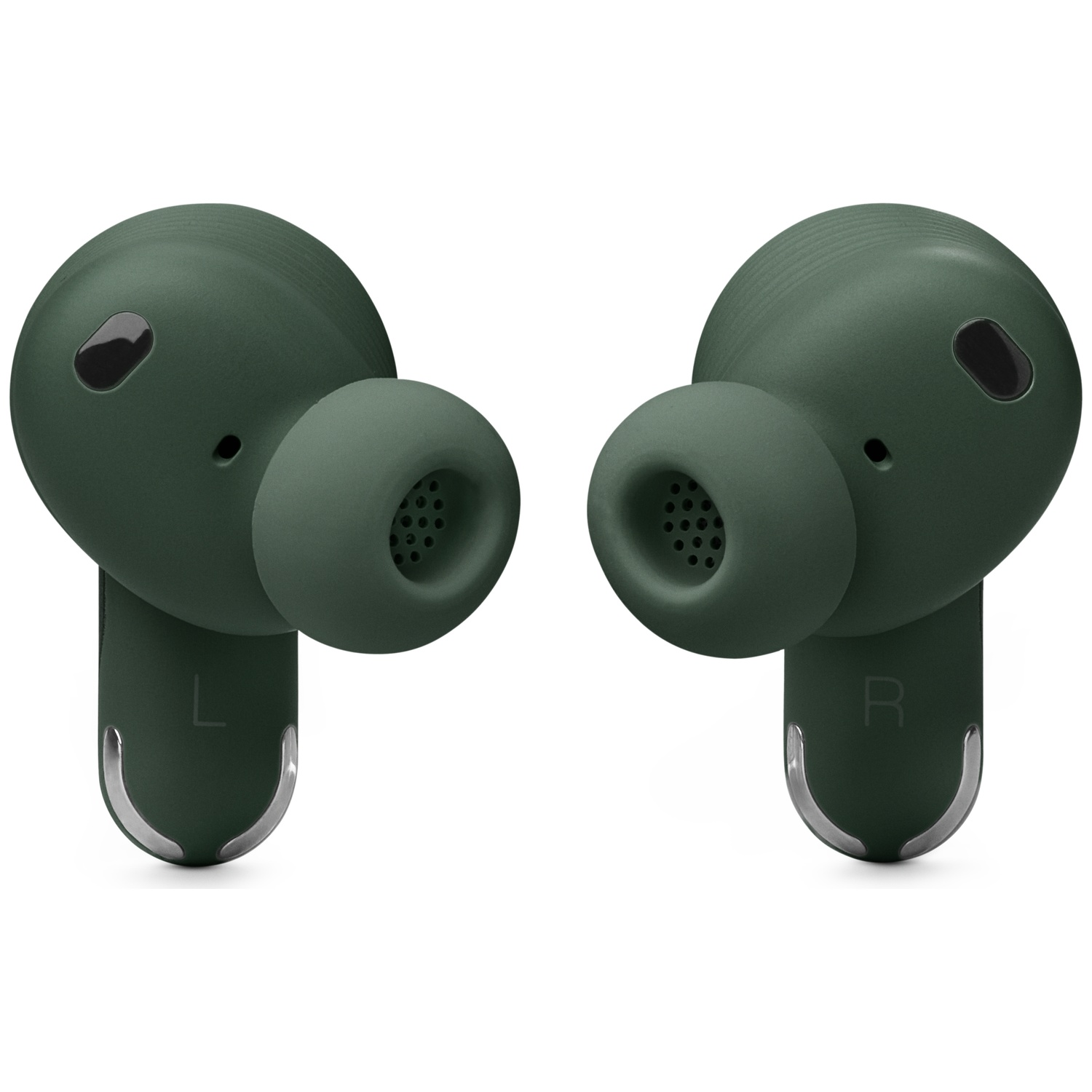 Dark green wireless earbuds with silver accents and L/R markings.