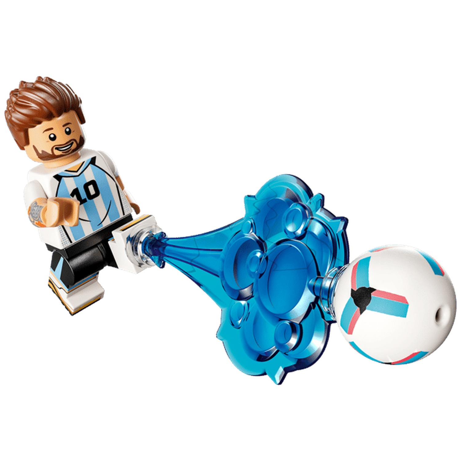 A Lego soccer player in an Argentina jersey kicks a blue soccer ball with an Essence design.