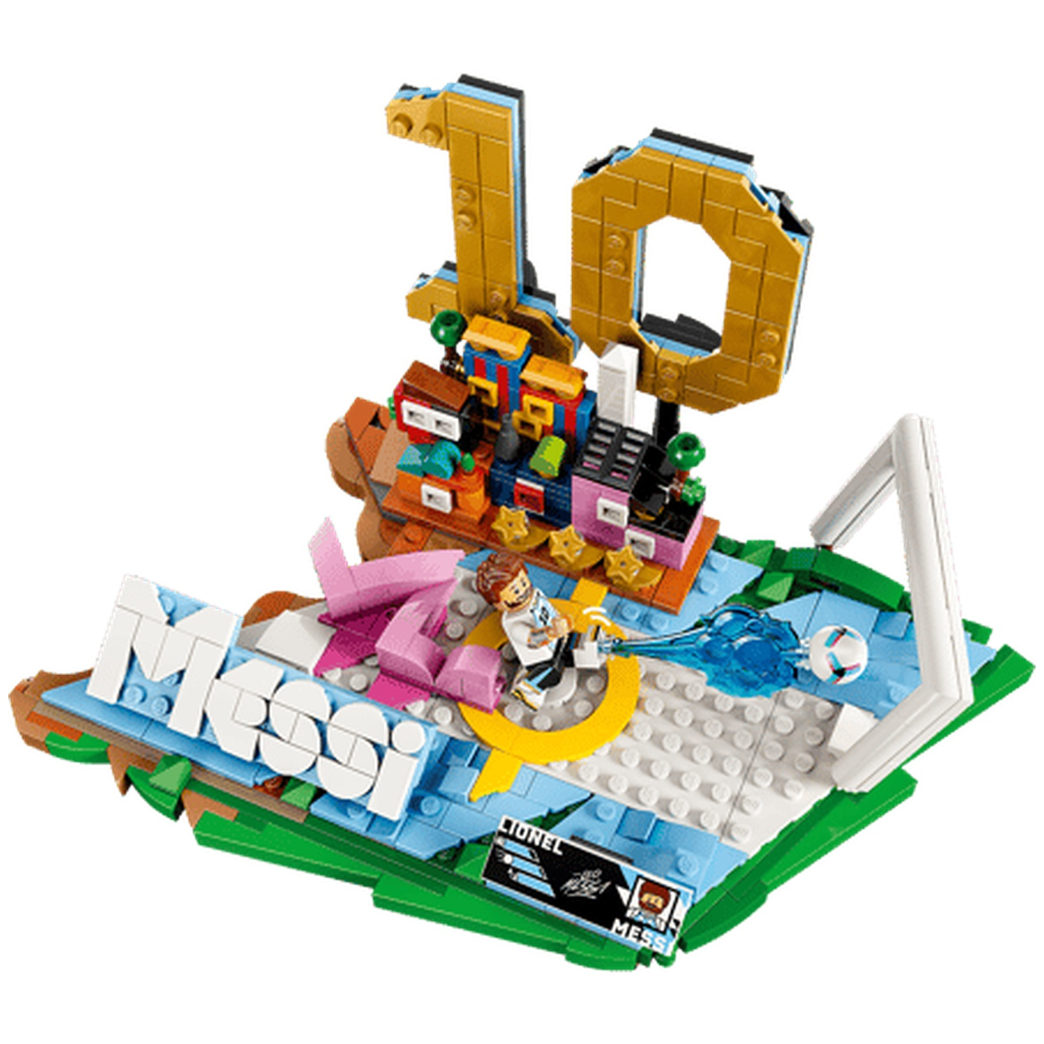 LEGO model featuring a soccer player, ball, goal, and the number 10.