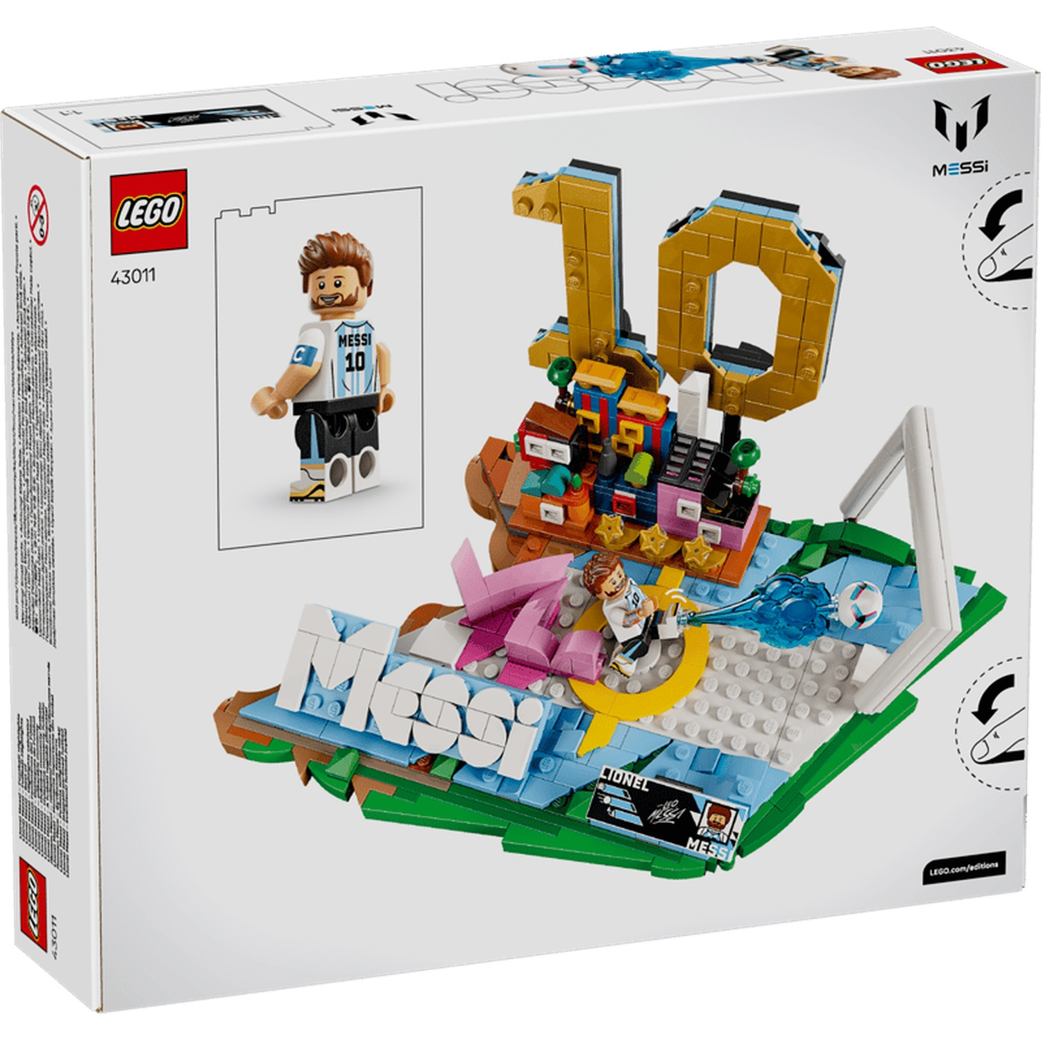 LEGO set featuring a Messi minifigure, the number 10, and a football pitch design.