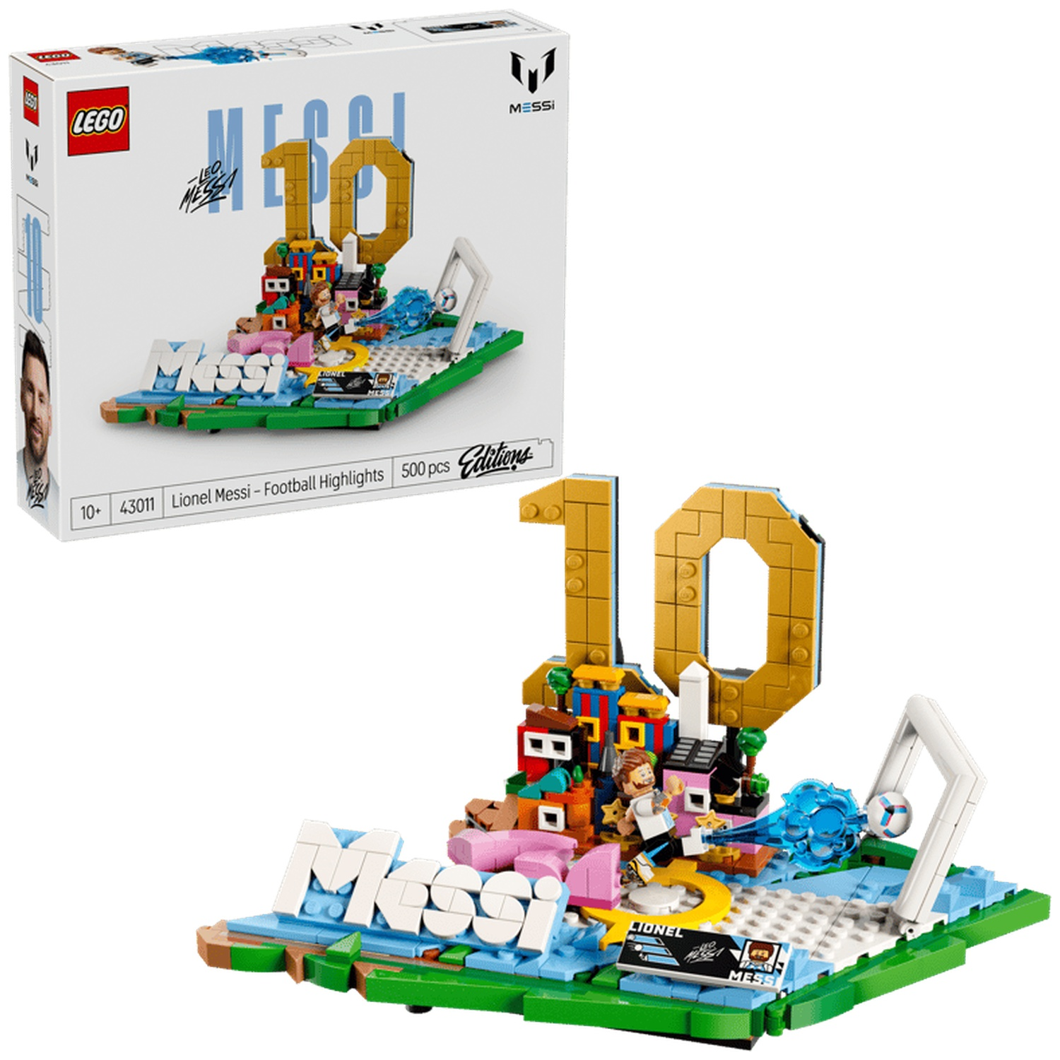 LEGO Messi Football Highlights set with soccer field, goal, and minifigures.