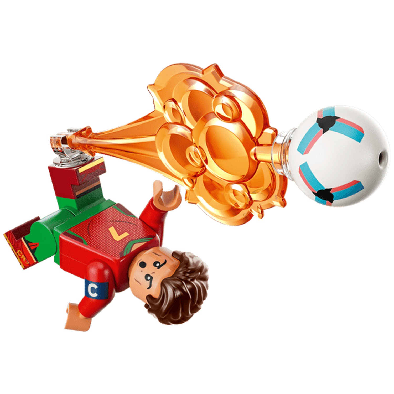 Lego soccer figure in red and green with trophy and ball.