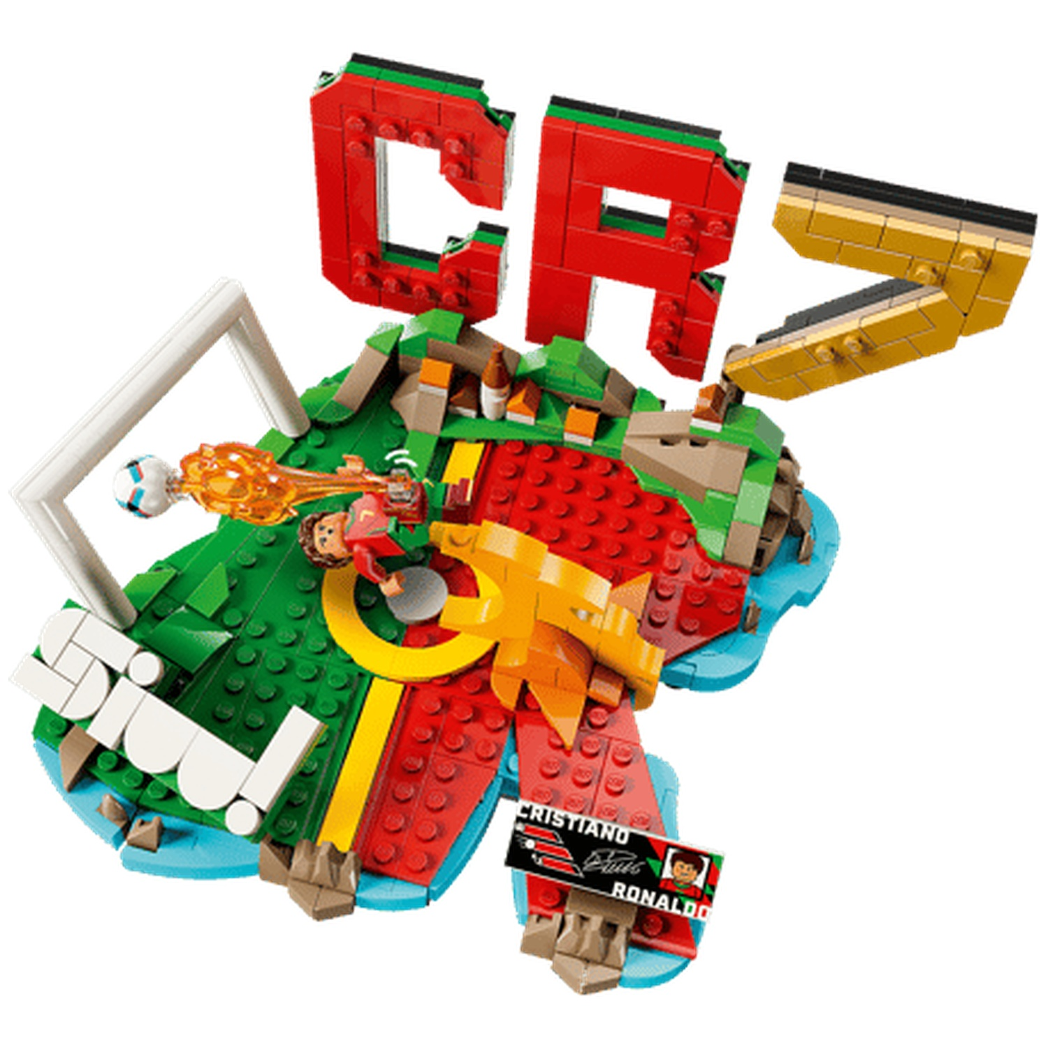 LEGO model of Cristiano Ronaldo with a soccer ball, goal, and CR7 letters.