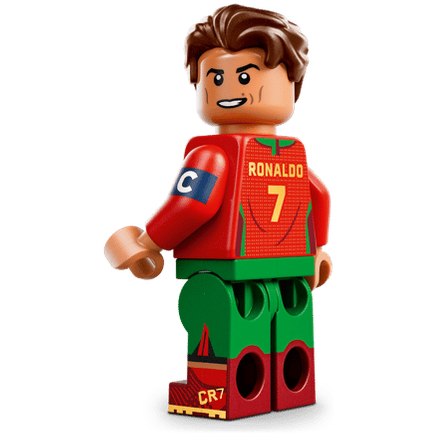 Lego figure of Cristiano Ronaldo in red jersey with number 7 and green shorts.