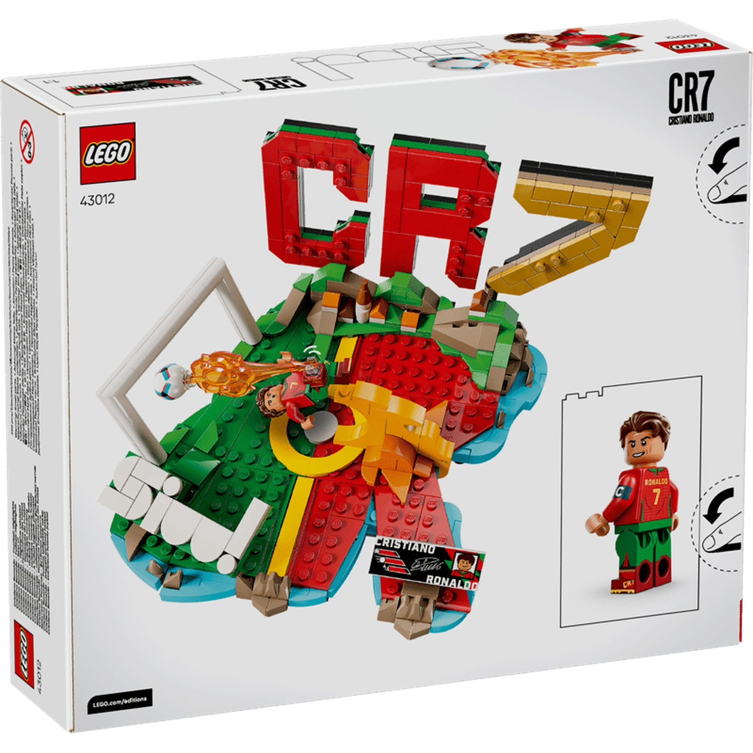 LEGO box art shows CR7 Cristiano Ronaldo set with soccer field, minifigure, and CR7 logo.