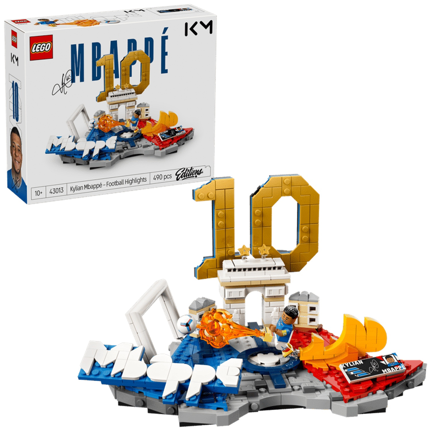 Un set Lego de Kylian Mbappé, représentant une scène de football avec des chiffres dorés et l'Arc de Triomphe.