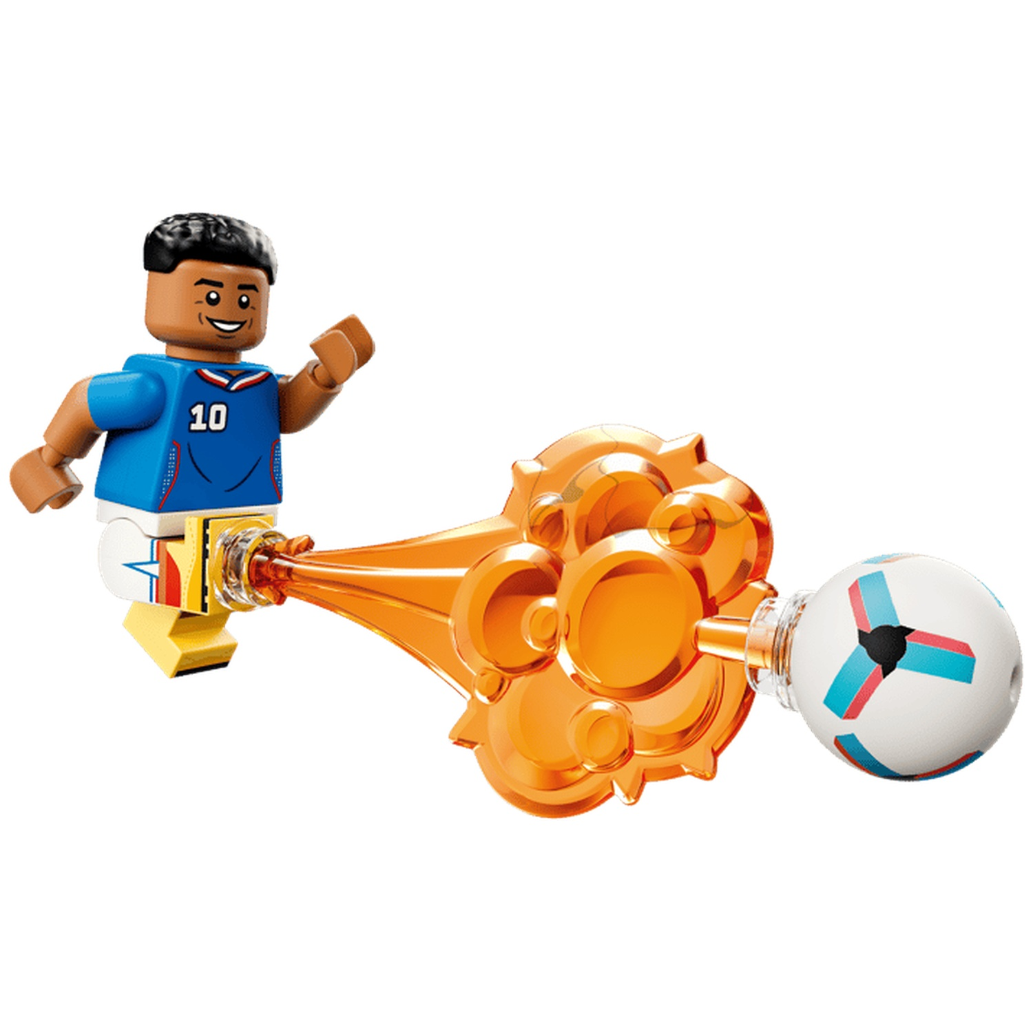 Figurine Lego en maillot bleu numéro 10 frappe un ballon de foot avec effet d'énergie orange.