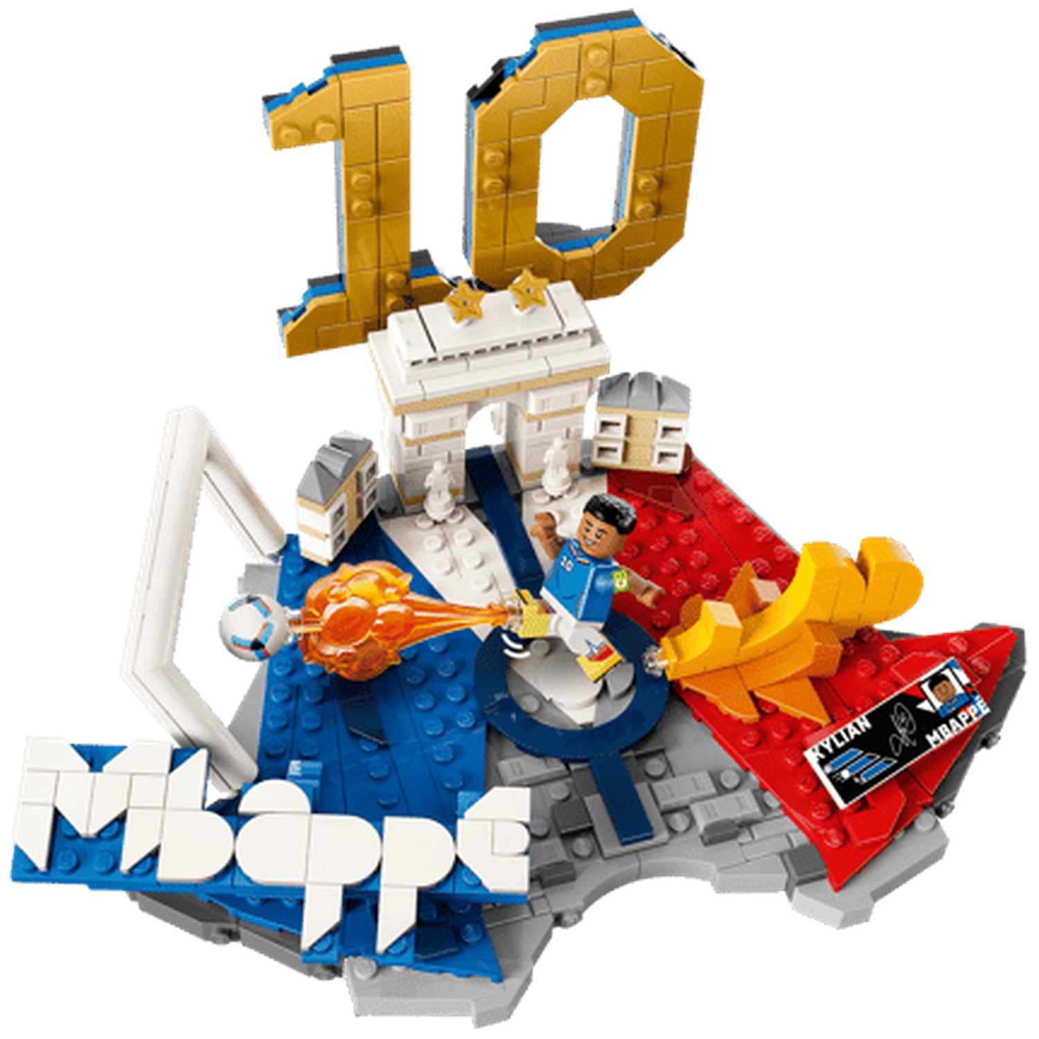 Set Lego avec le footballeur Mbappé, Arc de Triomphe, ballon et le chiffre 10.
