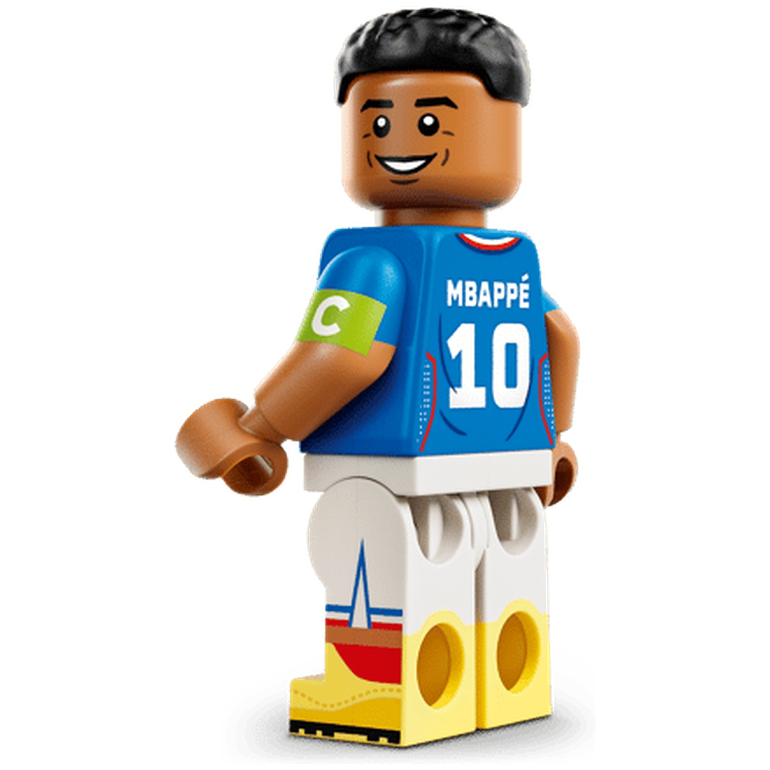 Figurine de footballeur Lego portant un maillot bleu, un short blanc et des bottes jaunes.